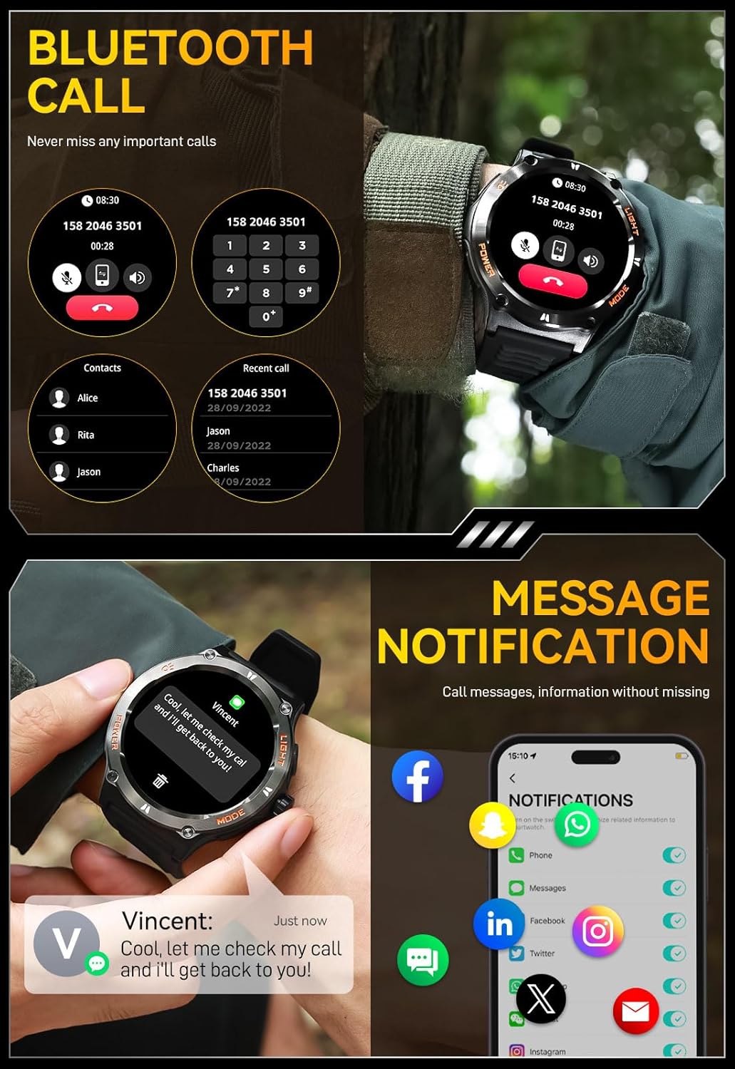 Military Smart Watch for Men with LED Flashlight 500mAh Big Battery Tactical Smart Watch 1.53” Big Screen Rugged Smartwatch 3ATM Waterproof Fitness Tracker with Health Monitor for iPhone Android - Image 5