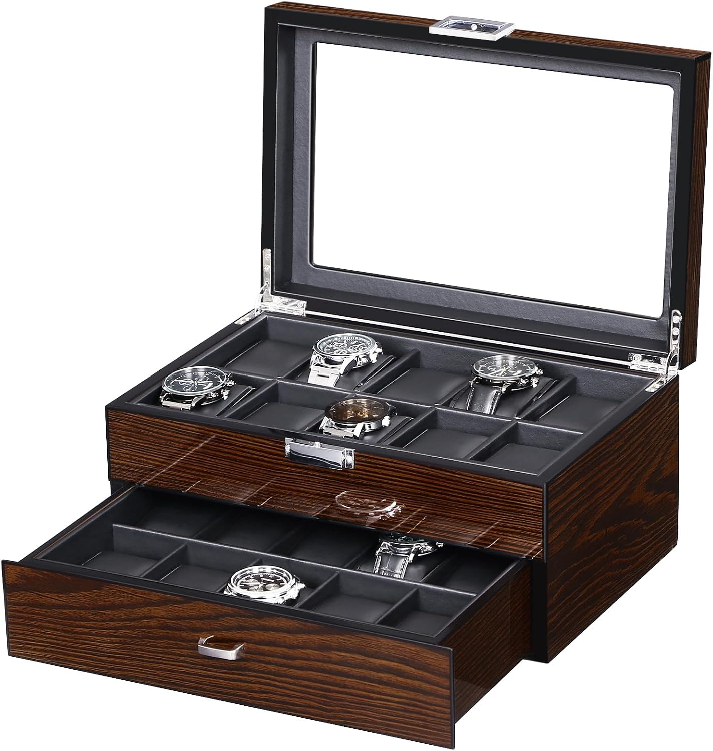 BEWISHOME Watch Box, 20 Slots Watch Case for Men - Luxury Watch Organizer with Glass Top,Smooth Faux Leather Interior, Brown SSH04Y - Image 9