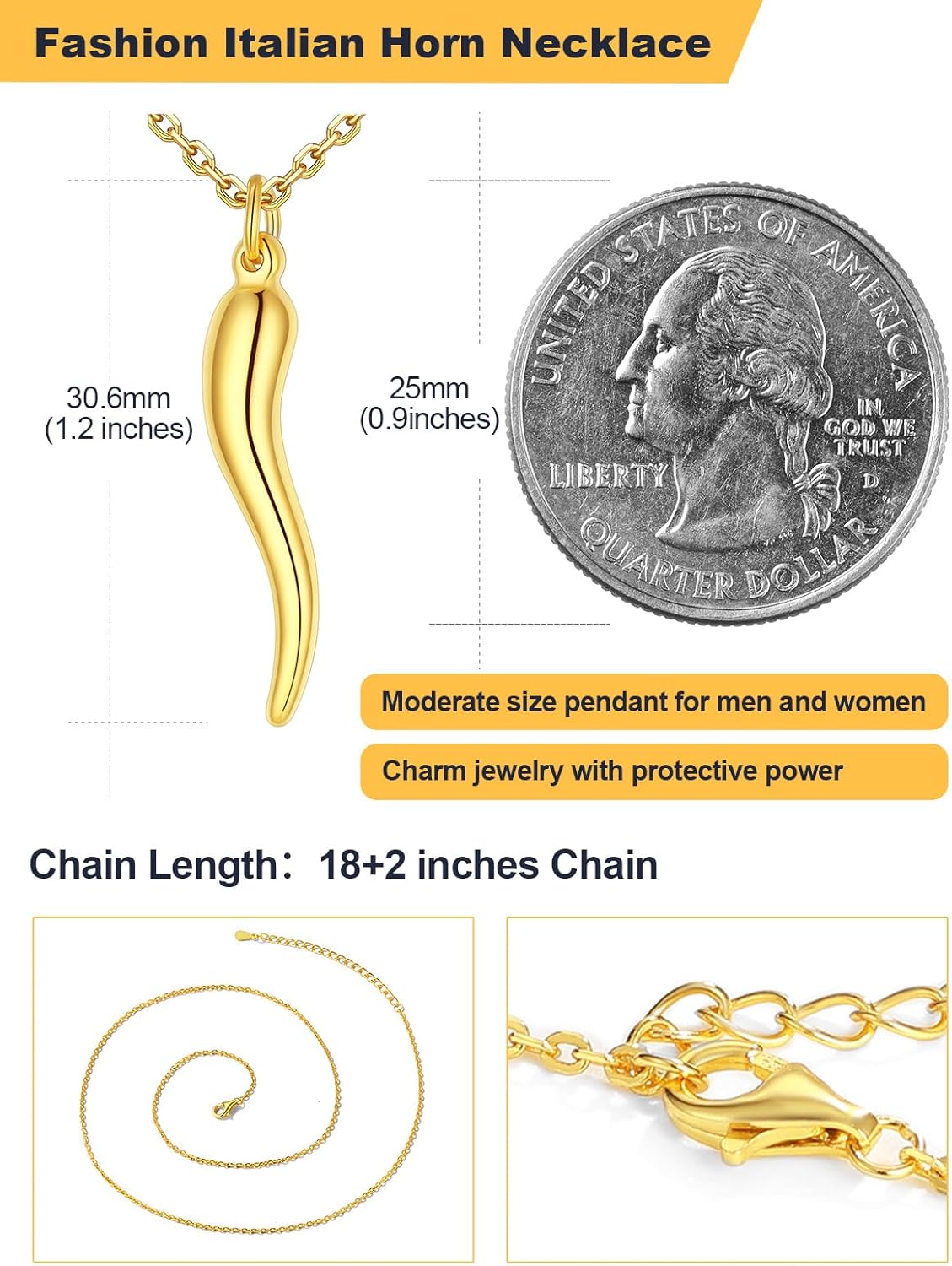 U7 Italian Horn Pendant Necklace for Men Women 925 Sterling Silver/18K Gold Italian Horn Amulet Charm Necklace Jewelry - Image 4