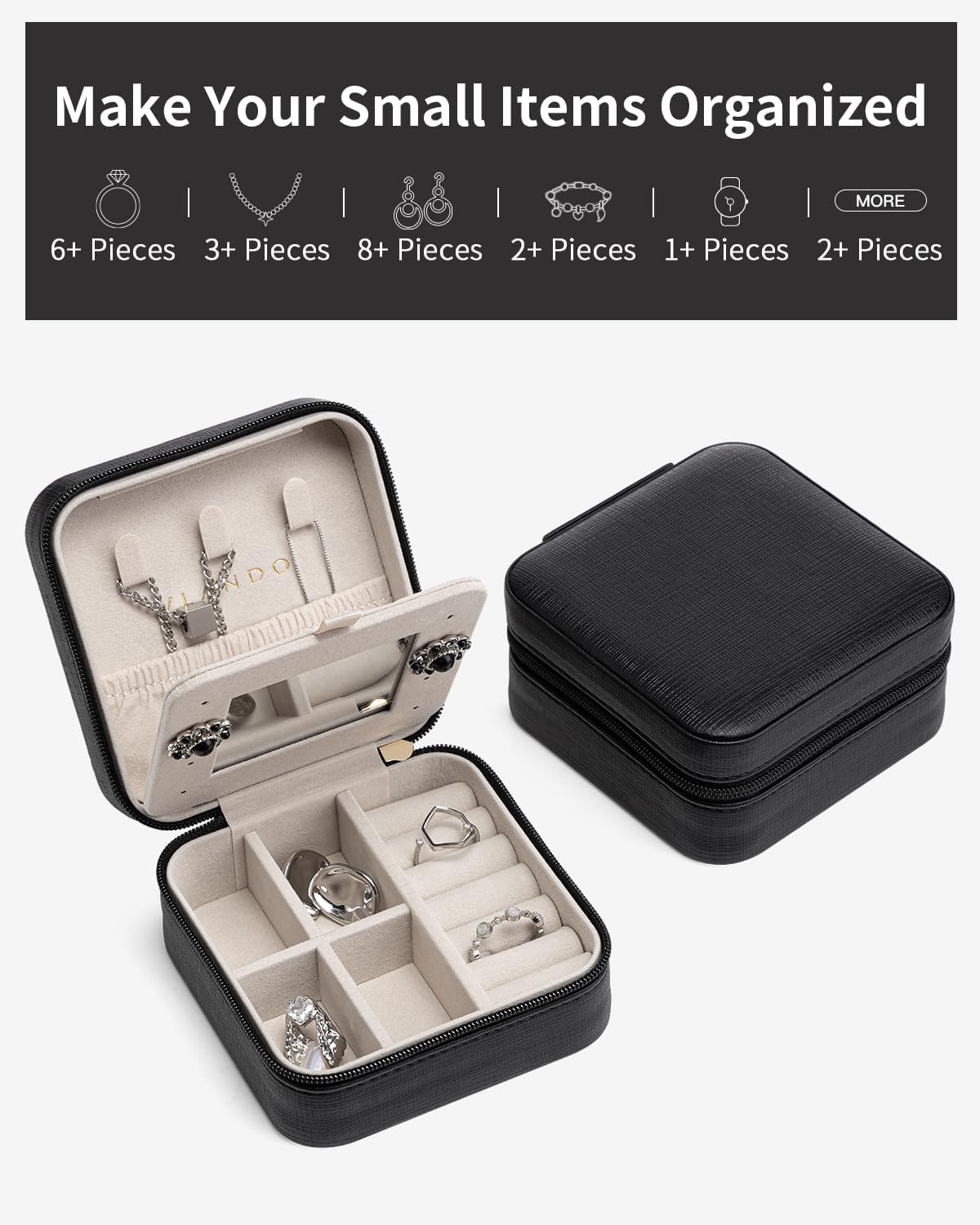 Vlando Travel Jewelry Case With Mirror,Small Portable Jewelry Box,Jewelry Organizer for Rings Earrings Necklaces Display Storage,Gifts for Girls Women,Travel Essentials,Mother's Day Gift,Black - Image 7