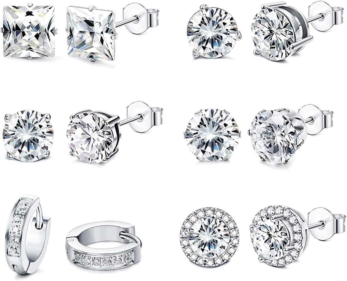 FUNRUN JEWELRY 6 Pairs Stainless Steel Cubic Zirconia Stud Earrings for Women Men CZ Halo Hoop Huggie Earrings Set - Image 9