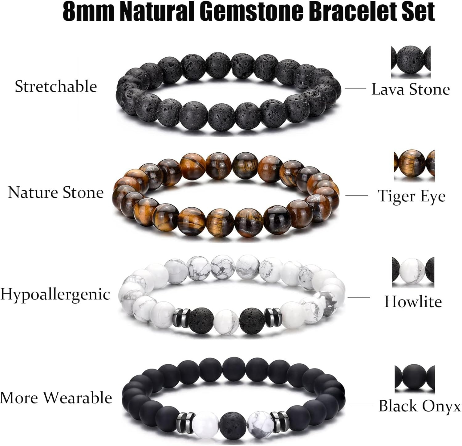 MOROTOLE Mens Beaded Bracelet Tiger Eye 8MM Natural Stone Beads Bracelet Set Adjustable Stretch Lava Rock Bracelets for Men Black Crystal Beaded Bracelets for Men Father Boyfriend Brother Gifts - Image 3