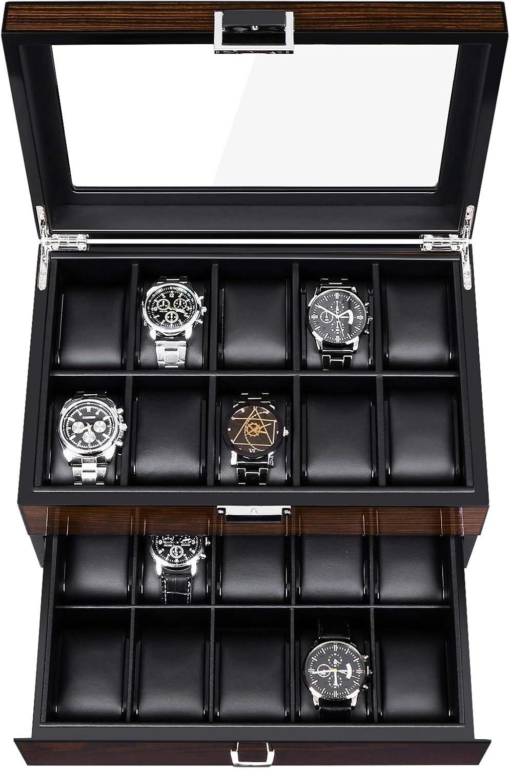 BEWISHOME Watch Box, 20 Slots Watch Case for Men - Luxury Watch Organizer with Glass Top,Smooth Faux Leather Interior, Brown SSH04Y - Image 7