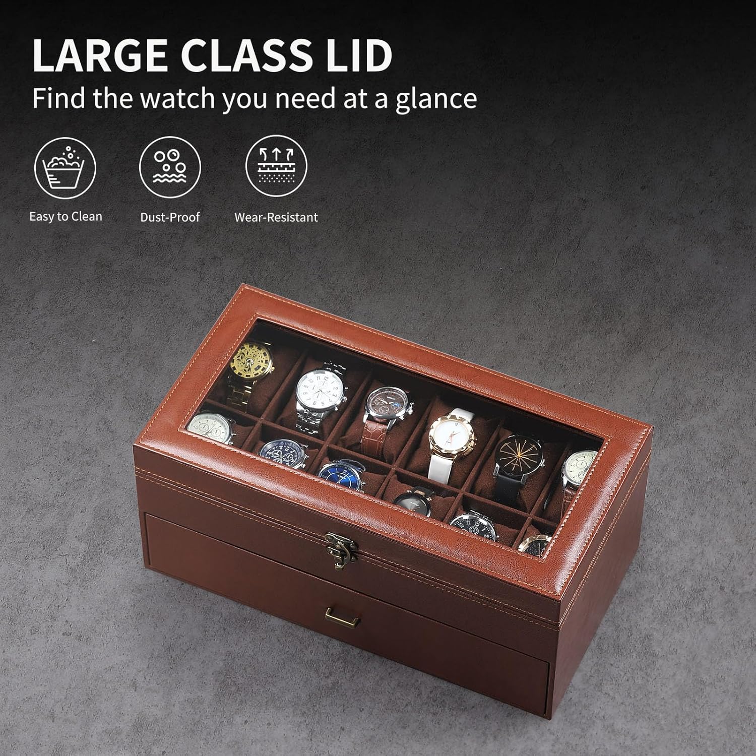 AUTOARK Leather & Velvet 24 Watch Box Glass Top Jewelry Display Drawer Lockable Case Organizer,Removable Watch Pillows,Coffee,MKAW033 - Image 5