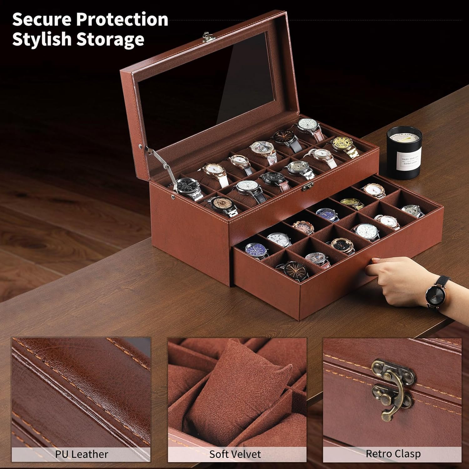AUTOARK Leather & Velvet 24 Watch Box Glass Top Jewelry Display Drawer Lockable Case Organizer,Removable Watch Pillows,Coffee,MKAW033 - Image 3