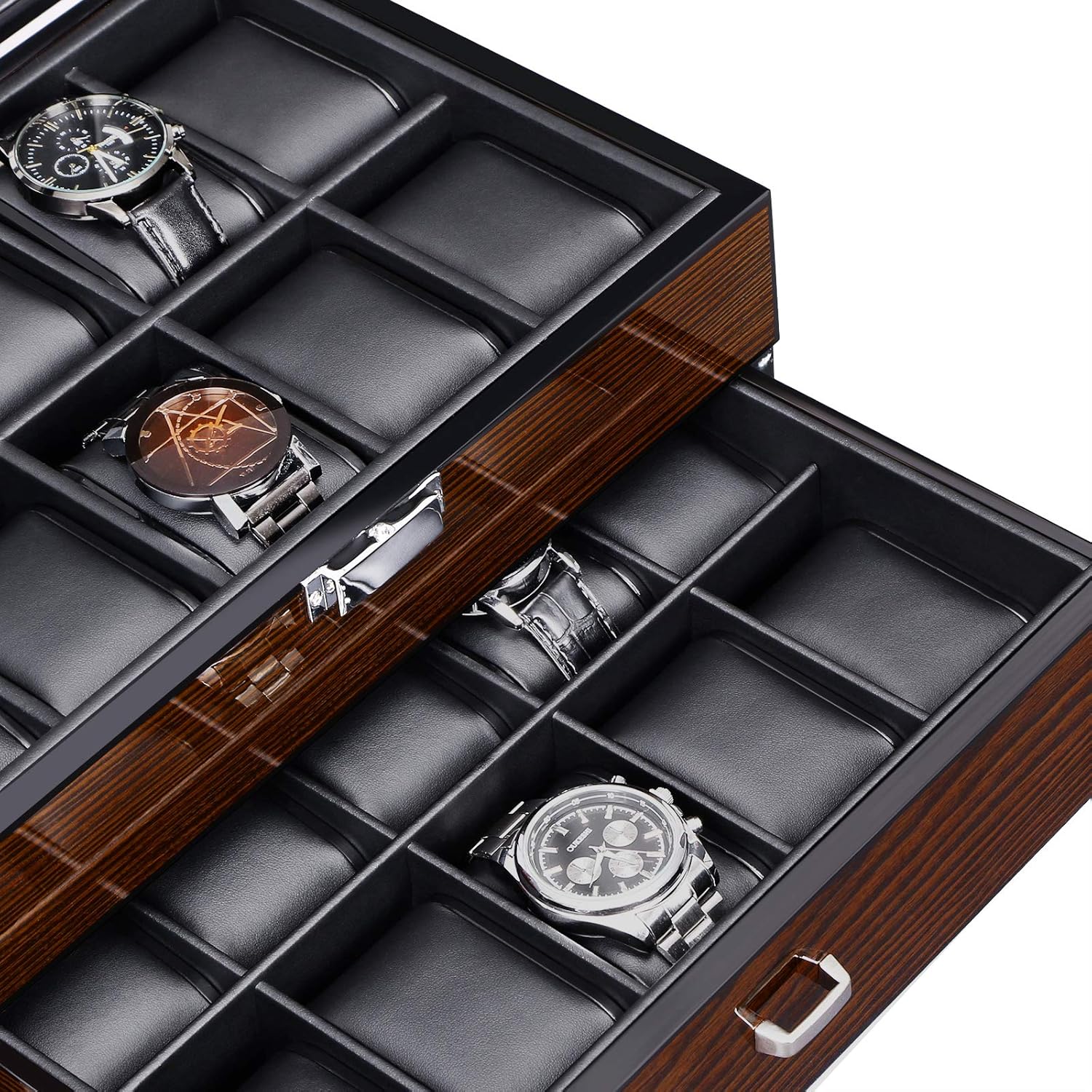 BEWISHOME Watch Box, 20 Slots Watch Case for Men - Luxury Watch Organizer with Glass Top,Smooth Faux Leather Interior, Brown SSH04Y - Image 3