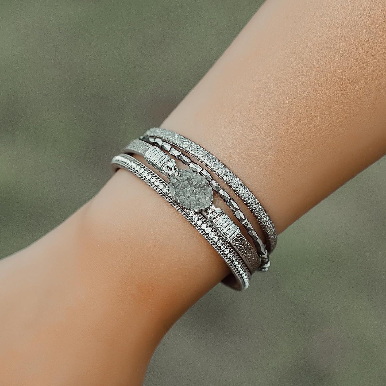 Leather Wrap Bracelet Boho Cuff Bracelets Crystal Bead Bracelet with Clasp Jewelry Gifts for Women - Image 2