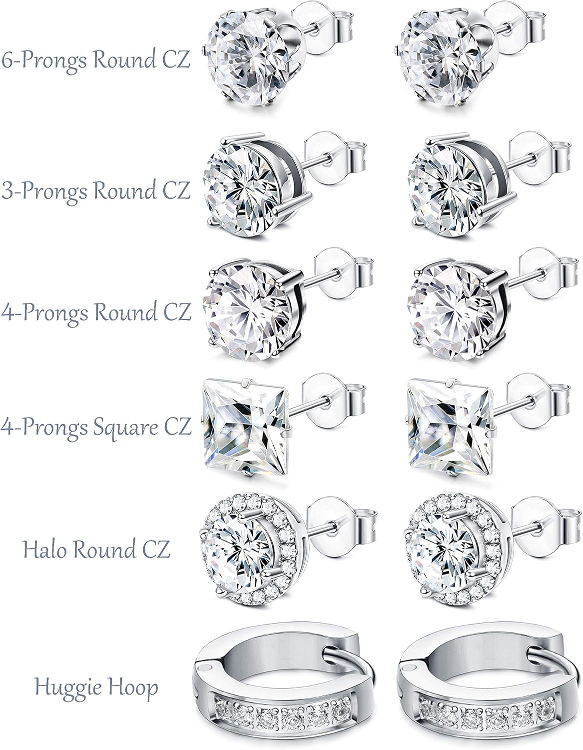 FUNRUN JEWELRY 6 Pairs Stainless Steel Cubic Zirconia Stud Earrings for Women Men CZ Halo Hoop Huggie Earrings Set - Image 5