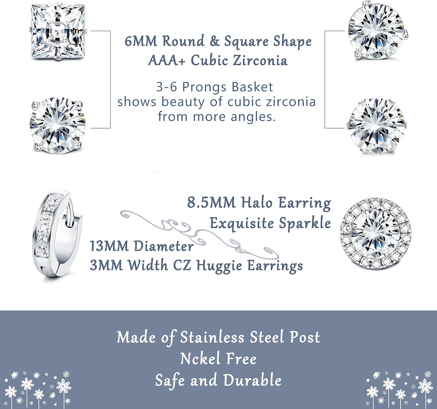 FUNRUN JEWELRY 6 Pairs Stainless Steel Cubic Zirconia Stud Earrings for Women Men CZ Halo Hoop Huggie Earrings Set - Image 4