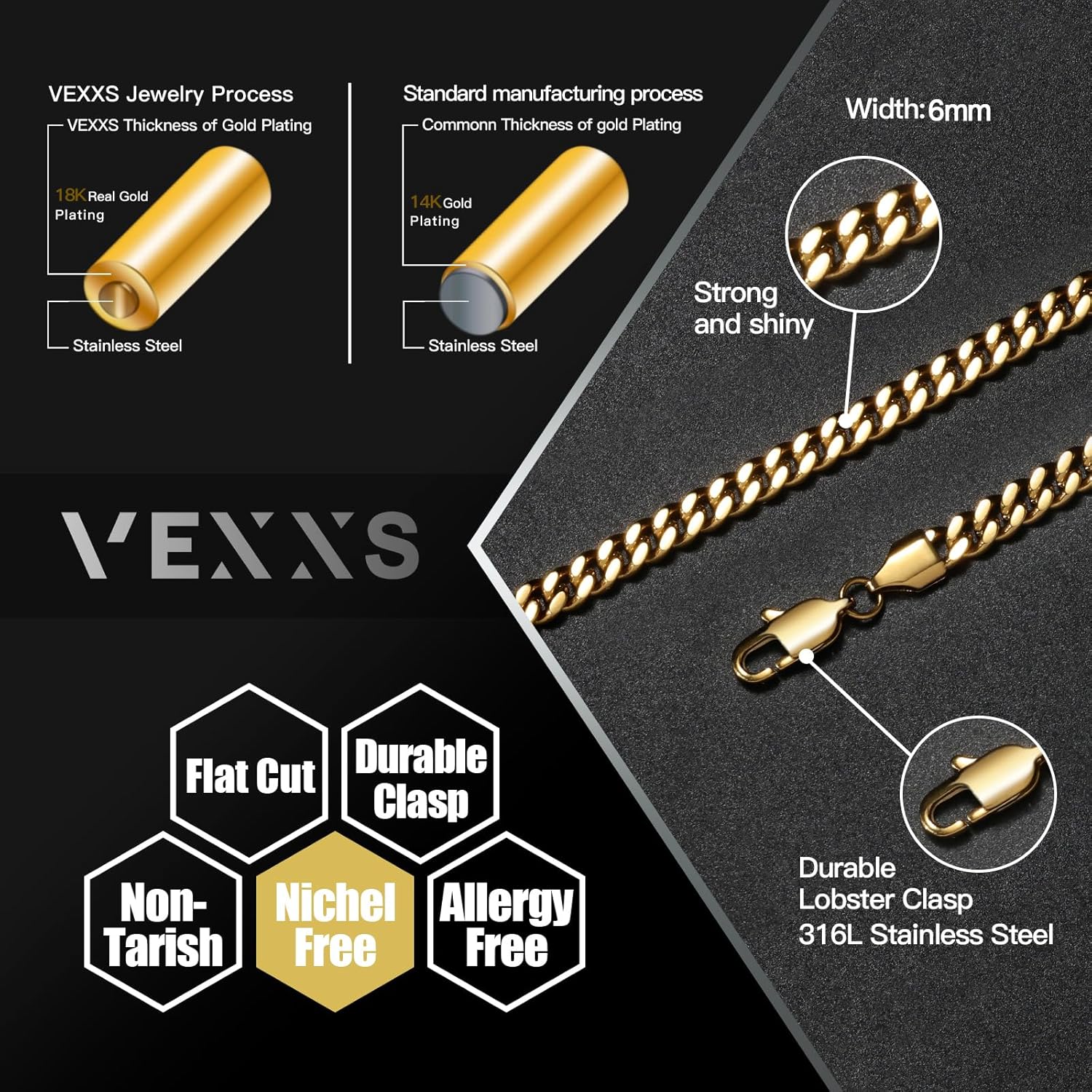 VEXXS Men's Gold Chain Flat Cut,18K Real Gold Plated Cuban Link Chain, Durable No Color Fading Curb Chain 4mm 5mm 6mm Men's Necklace - Image 2