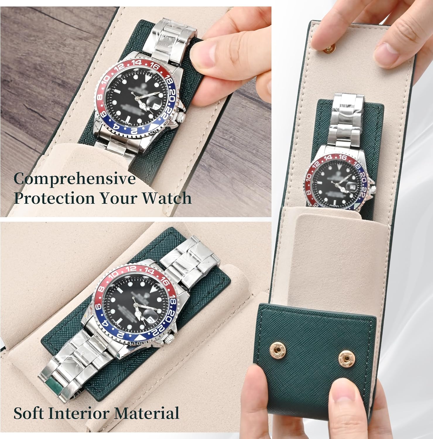 Travel Leather Watch Pouch/Watch Travel Case with Suede Lining/Luxury Leather Travel Watch Case Single Watch Pouch for Men and Women (Green) - Image 3