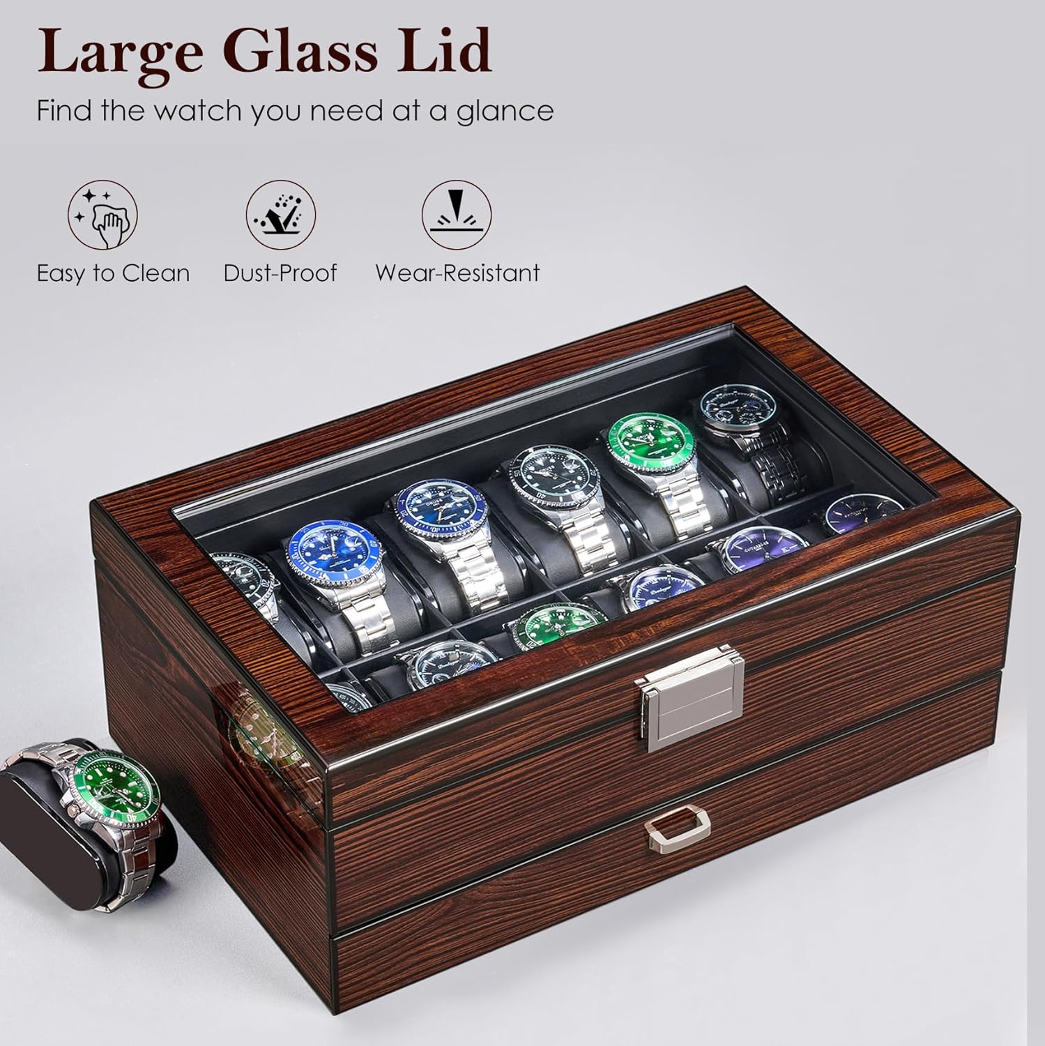BEWISHOME Watch Box, 20 Slots Watch Case for Men - Luxury Watch Organizer with Glass Top,Smooth Faux Leather Interior, Brown SSH04Y - Image 4