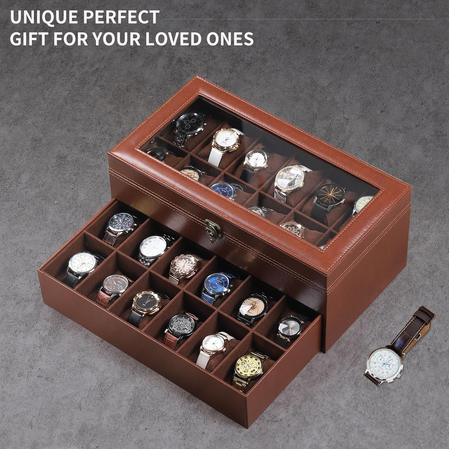 AUTOARK Leather & Velvet 24 Watch Box Glass Top Jewelry Display Drawer Lockable Case Organizer,Removable Watch Pillows,Coffee,MKAW033 - Image 7