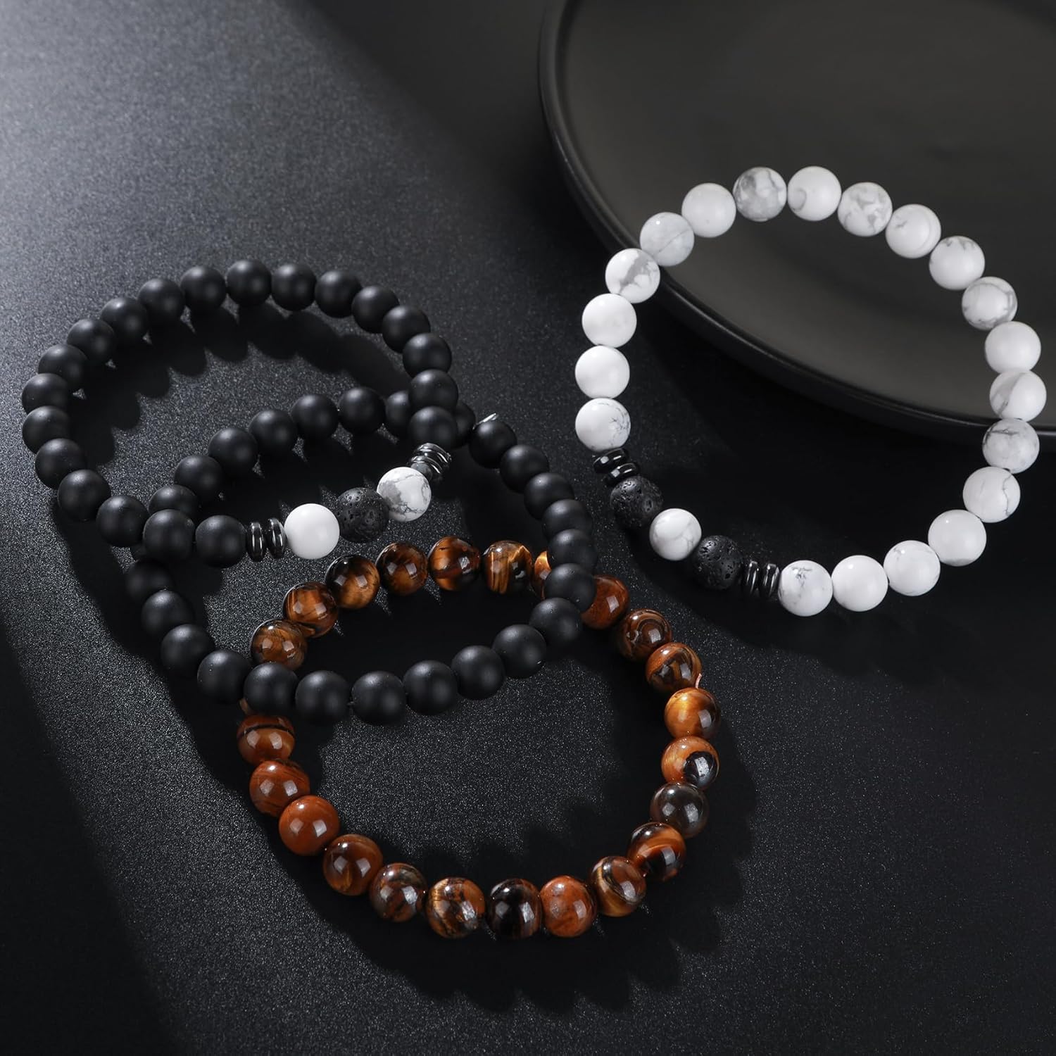MOROTOLE Mens Beaded Bracelet Tiger Eye 8MM Natural Stone Beads Bracelet Set Adjustable Stretch Lava Rock Bracelets for Men Black Crystal Beaded Bracelets for Men Father Boyfriend Brother Gifts - Image 5
