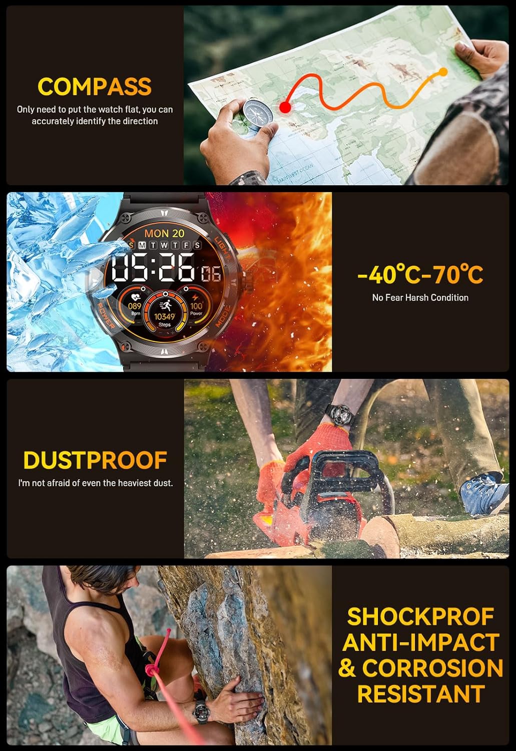 Military Smart Watch for Men with LED Flashlight 500mAh Big Battery Tactical Smart Watch 1.53” Big Screen Rugged Smartwatch 3ATM Waterproof Fitness Tracker with Health Monitor for iPhone Android - Image 4