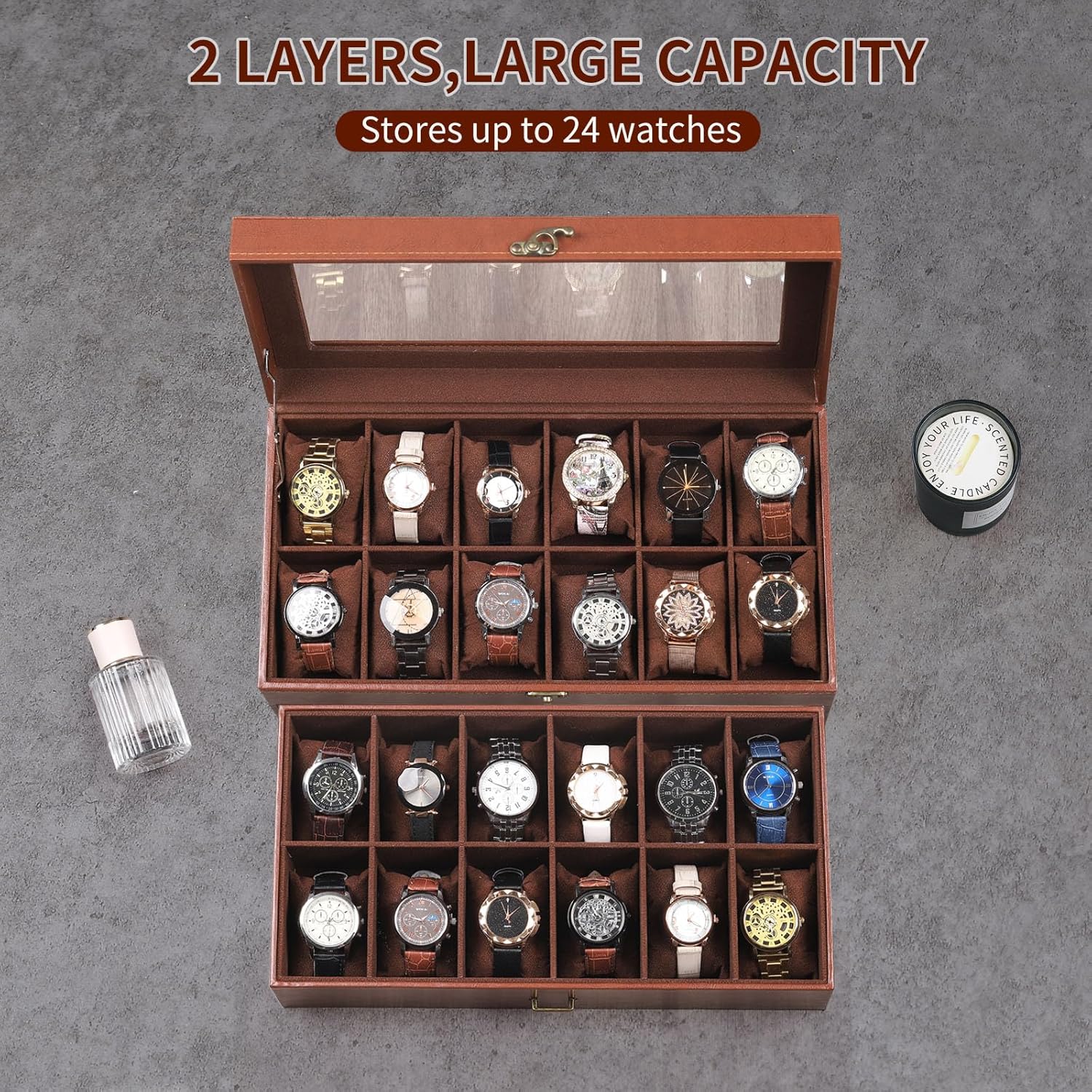 AUTOARK Leather & Velvet 24 Watch Box Glass Top Jewelry Display Drawer Lockable Case Organizer,Removable Watch Pillows,Coffee,MKAW033 - Image 4