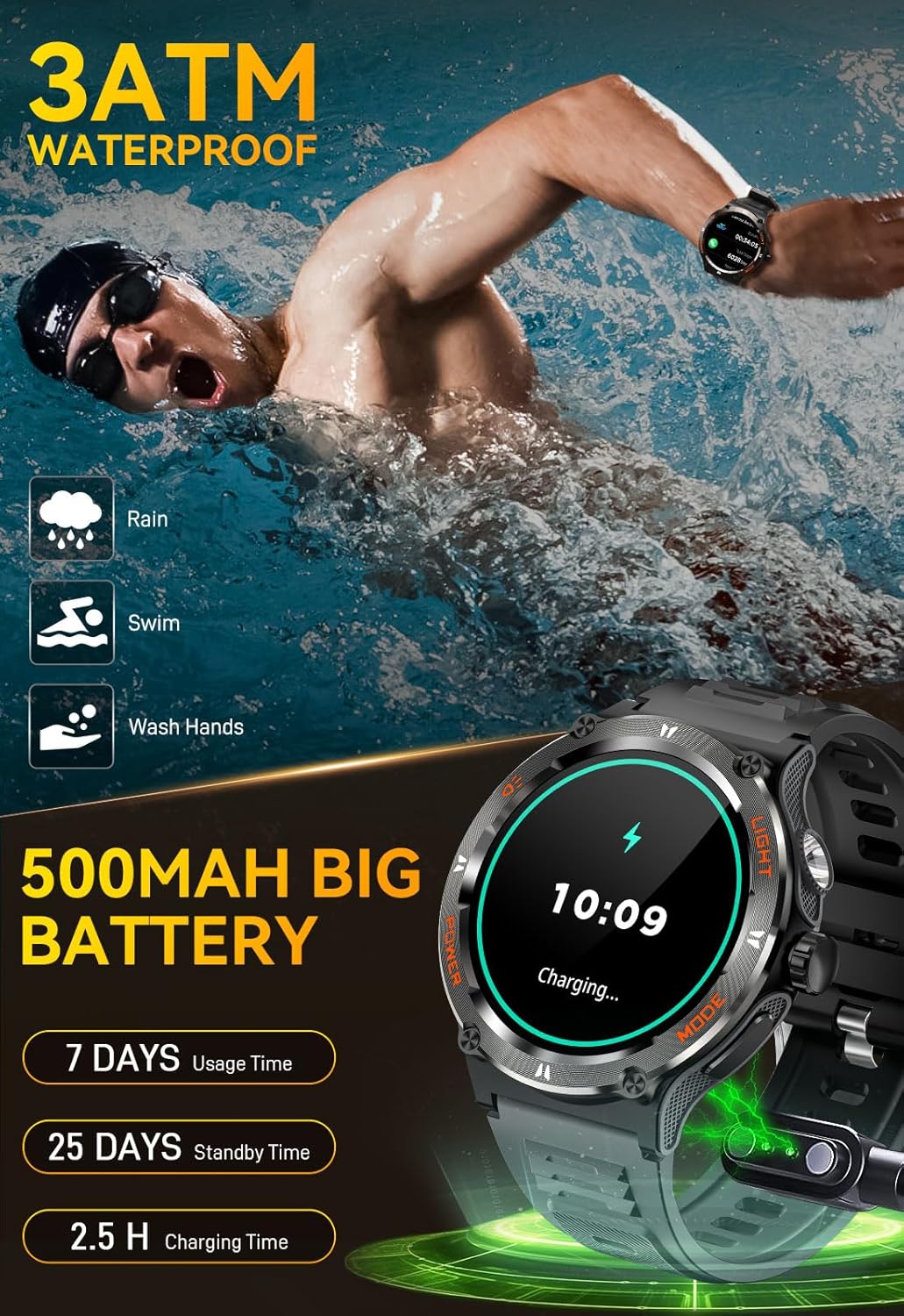 Military Smart Watch for Men with LED Flashlight 500mAh Big Battery Tactical Smart Watch 1.53” Big Screen Rugged Smartwatch 3ATM Waterproof Fitness Tracker with Health Monitor for iPhone Android - Image 3