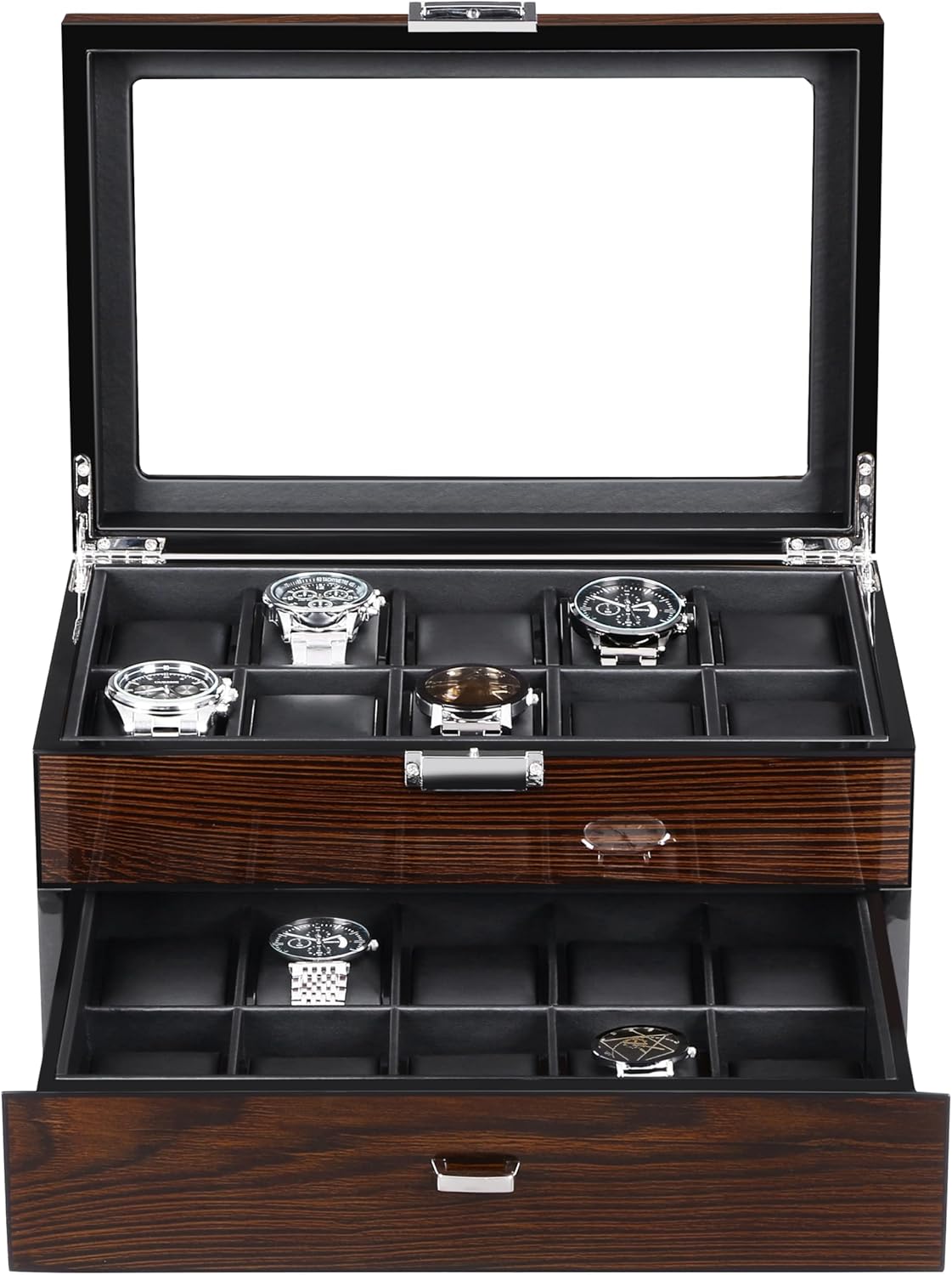BEWISHOME Watch Box, 20 Slots Watch Case for Men - Luxury Watch Organizer with Glass Top,Smooth Faux Leather Interior, Brown SSH04Y - Image 8