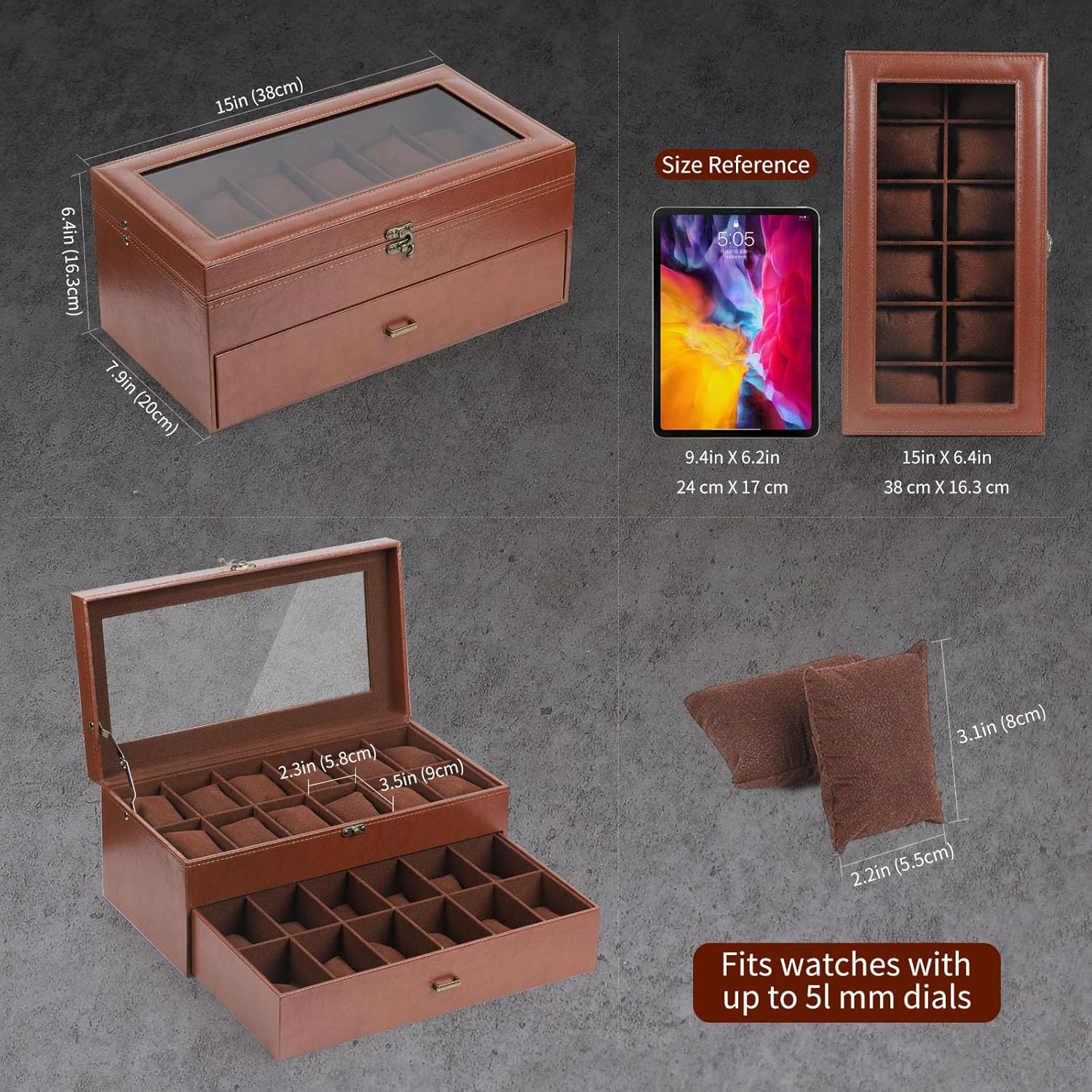 AUTOARK Leather & Velvet 24 Watch Box Glass Top Jewelry Display Drawer Lockable Case Organizer,Removable Watch Pillows,Coffee,MKAW033 - Image 2