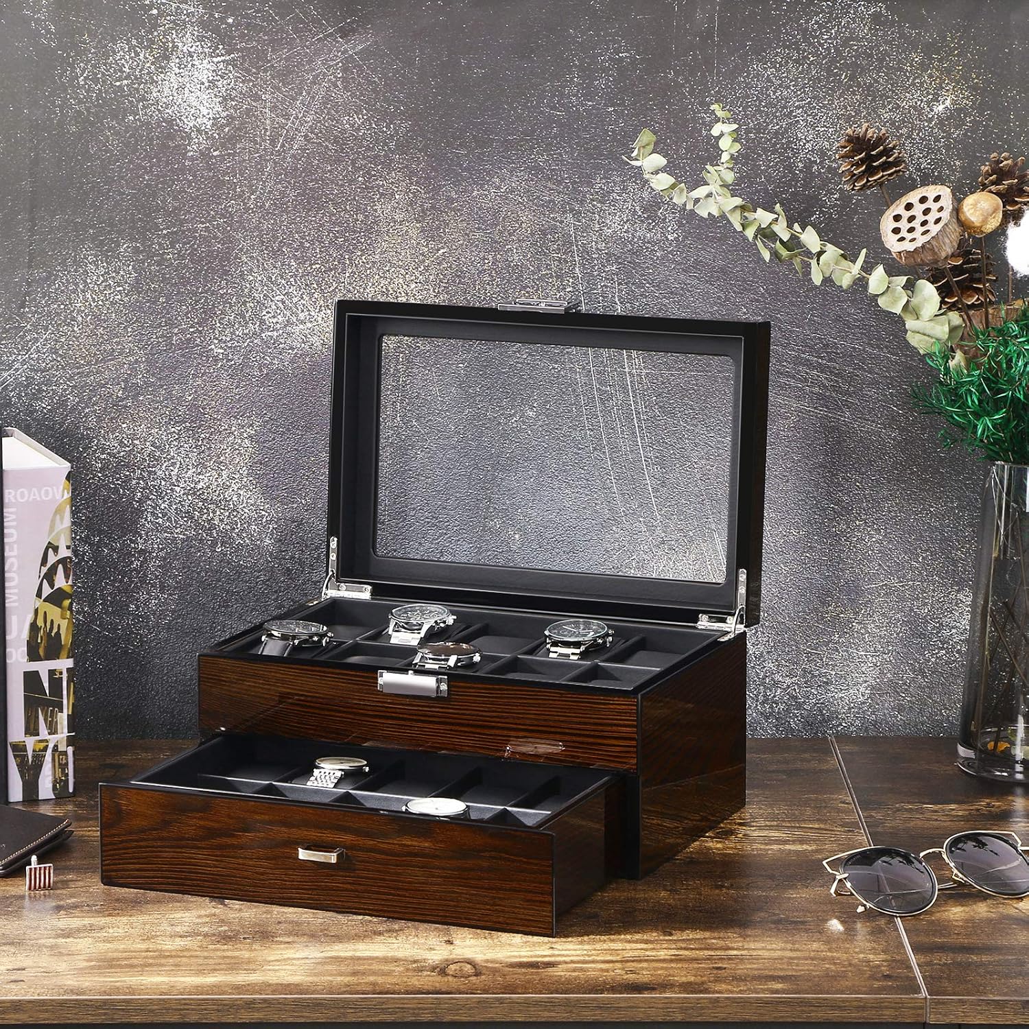 BEWISHOME Watch Box, 20 Slots Watch Case for Men - Luxury Watch Organizer with Glass Top,Smooth Faux Leather Interior, Brown SSH04Y - Image 2