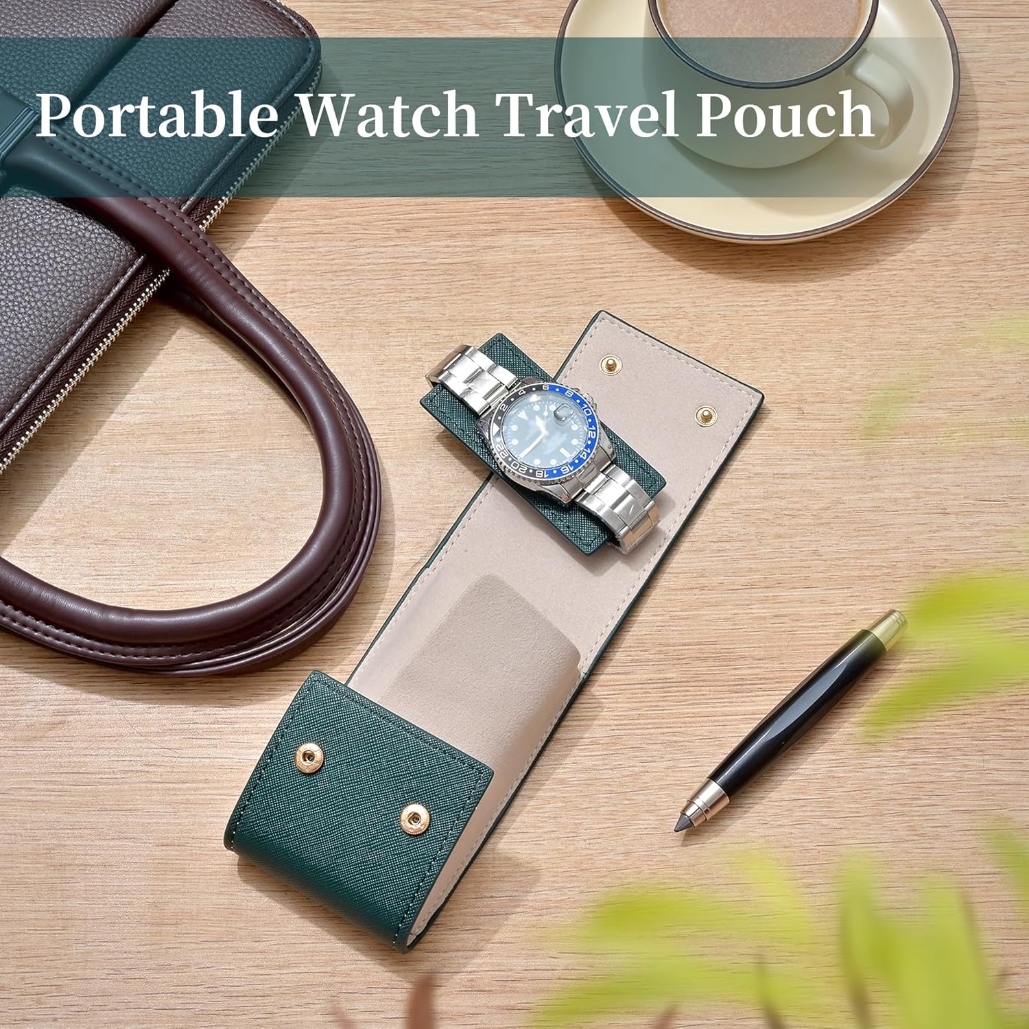 Travel Leather Watch Pouch/Watch Travel Case with Suede Lining/Luxury Leather Travel Watch Case Single Watch Pouch for Men and Women (Green) - Image 2