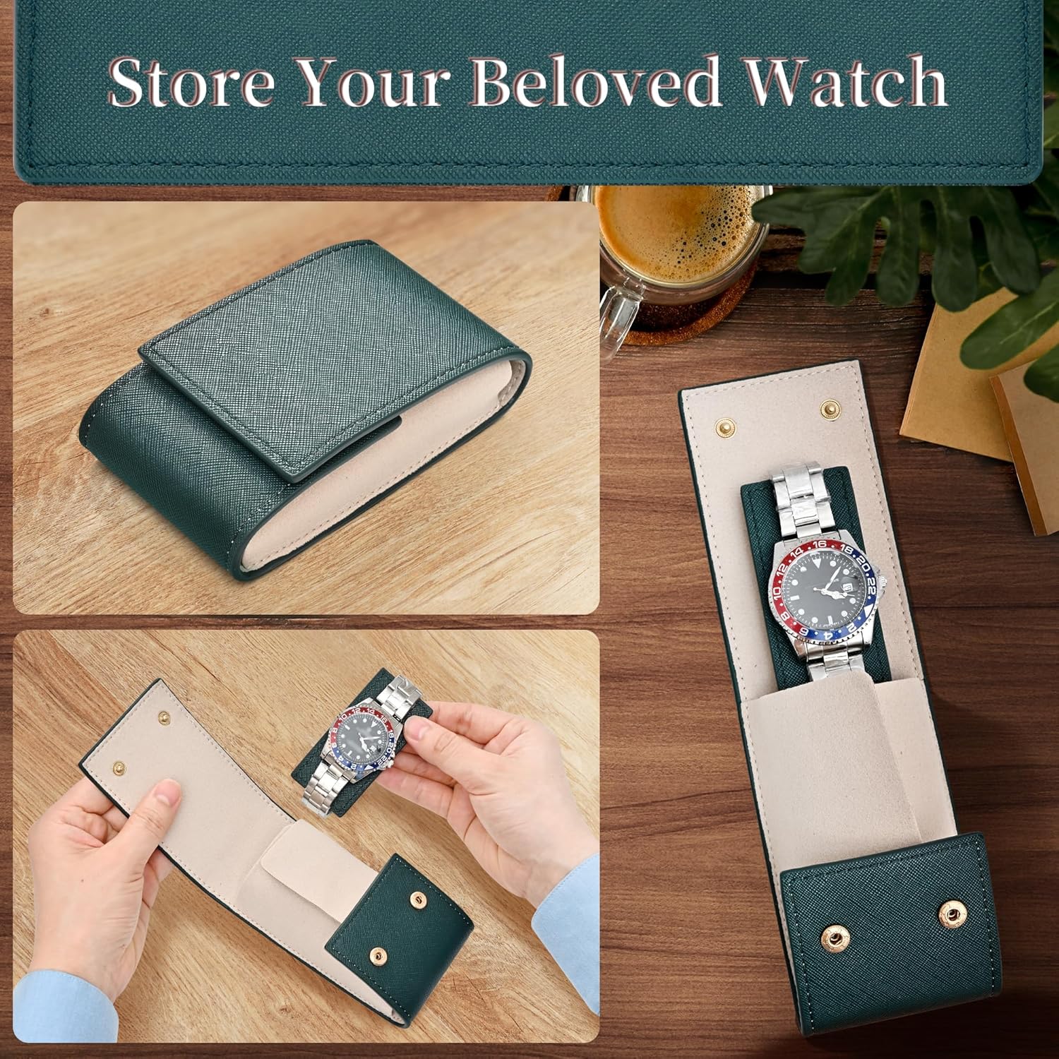 Travel Leather Watch Pouch/Watch Travel Case with Suede Lining/Luxury Leather Travel Watch Case Single Watch Pouch for Men and Women (Green) - Image 7