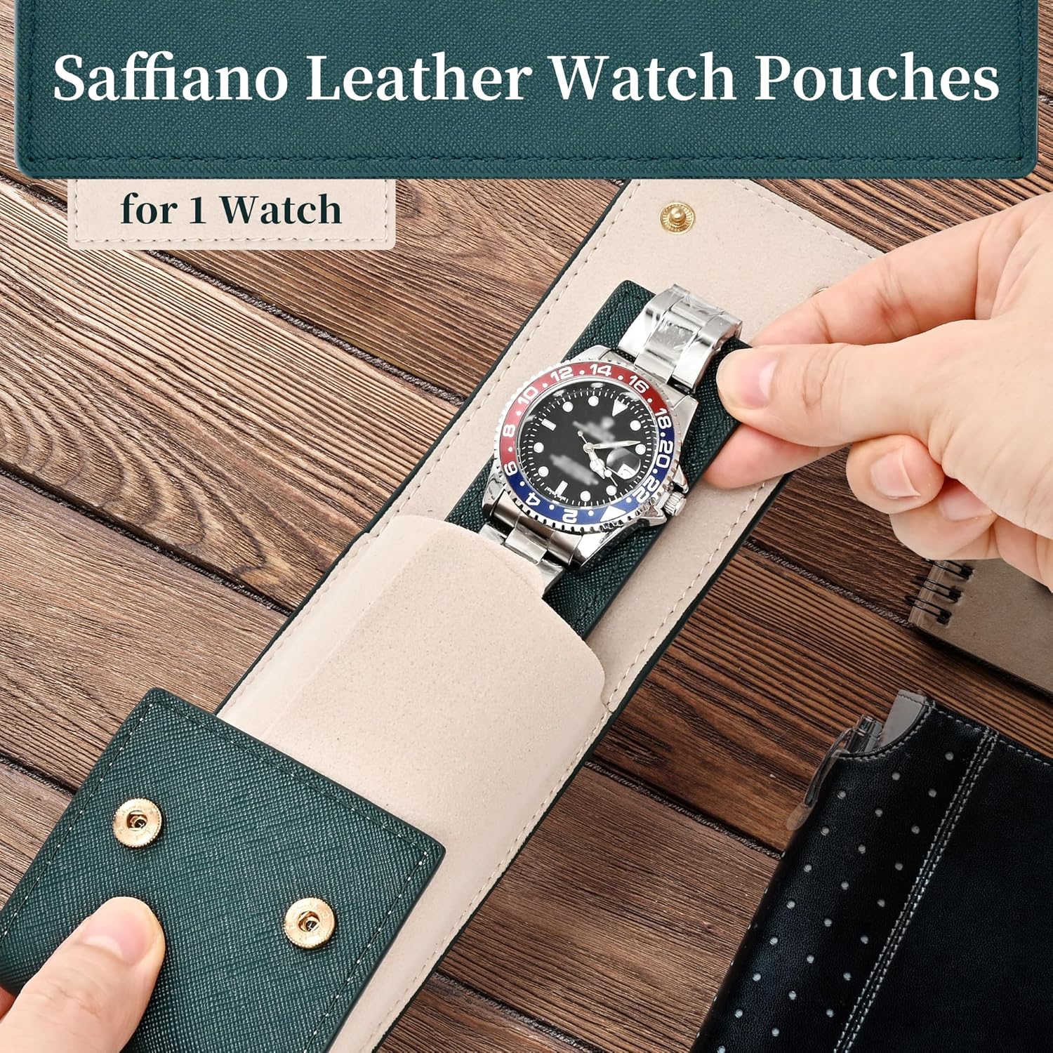 Travel Leather Watch Pouch/Watch Travel Case with Suede Lining/Luxury Leather Travel Watch Case Single Watch Pouch for Men and Women (Green) - Image 5