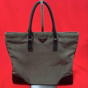 The real thing  Prada Triangular Tag Genuine Leather   Canvas Tote Bag Khaki