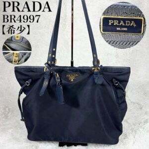 PRADA BR4997 Tote Bag  Navy Nylon Leather Gold Hardware USED from japan 310B