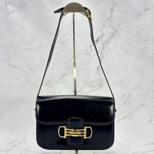 VINTAGE Auth CELINE Horsebit Carriage Black Leather Shoulder Bag TN02 VINTAGE Auth CELINE Horsebit Carriage Black Leather Shoulder Bag TN02