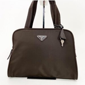 PRADA Galleria Nylon Brown Handbag with Key and Dust Bag Authentic