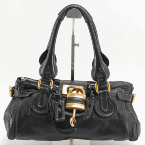 Chloe Paddington Shoulder Hand Bag Leather Black Gold Authentic