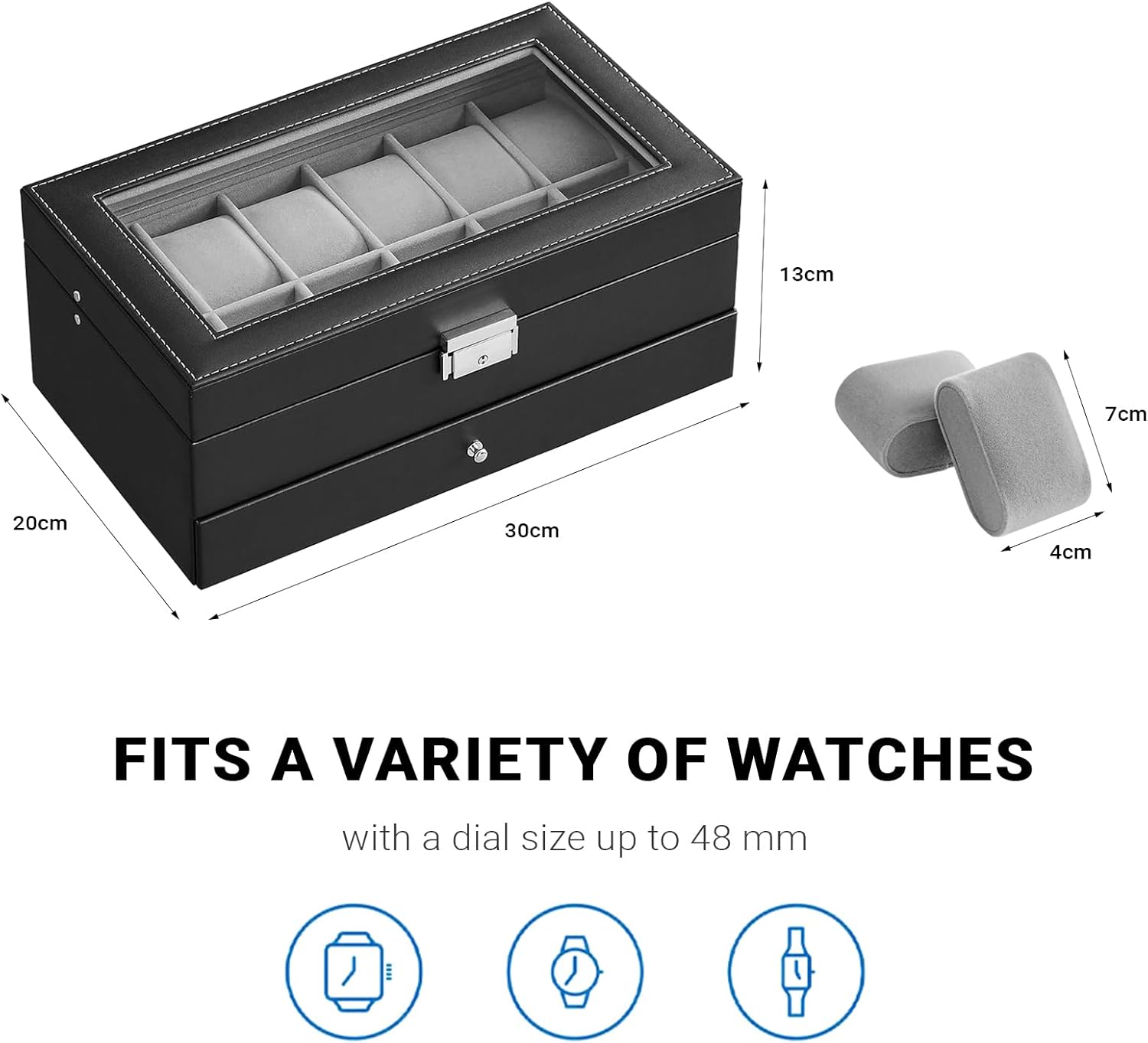 LIAN Watch Box 12-Slot Watch Box jewelry box organizer for men 2 Layers with 1 Drawer Watch Case for Rings, glasses,jewelry,Necklace Black Perfect Birthday Gifts - Image 6