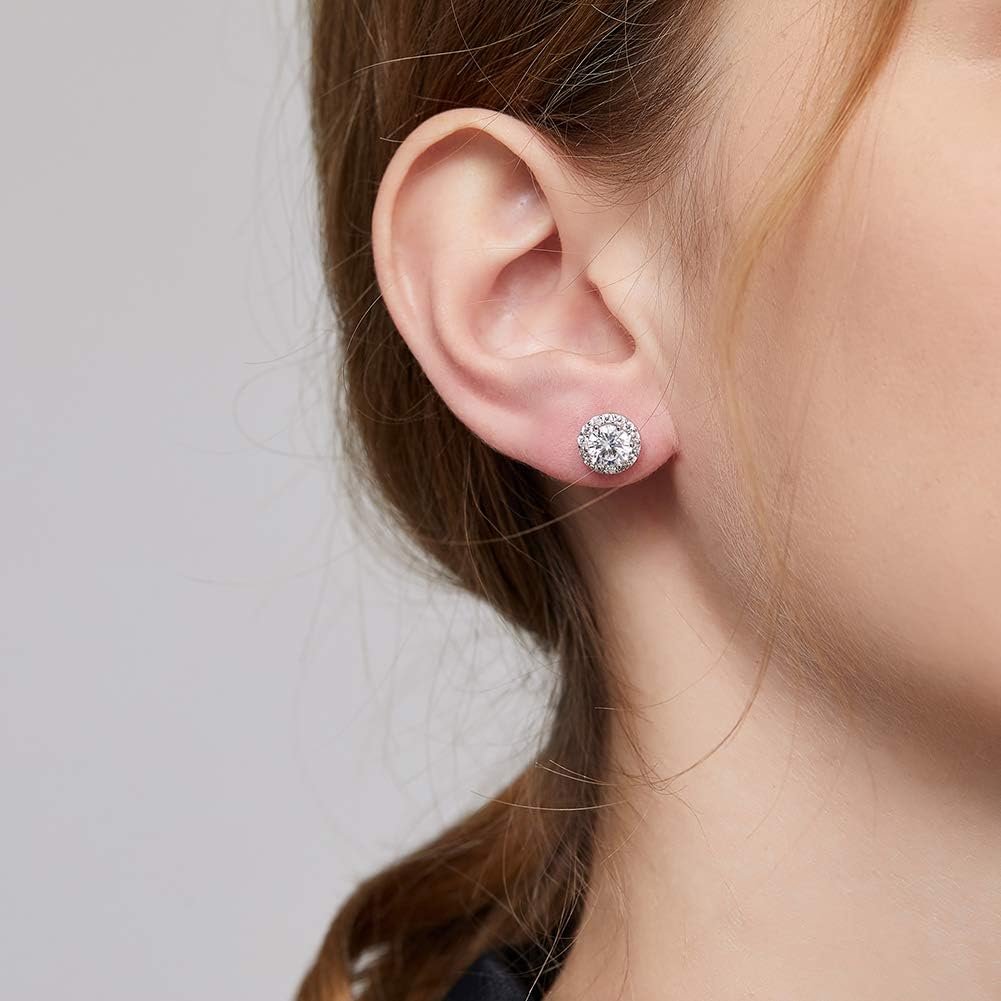 Han han 18K Platinum Plated Halo Stud Earrings, 925 Sterling Silver Round Cut Halo Earrings for Women, Hypoallergenic Cubic Zirconia Diamond Stud Earrings 10MM - Image 2