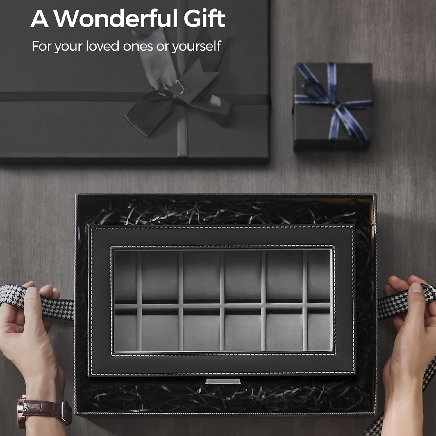 LIAN Watch Box 12-Slot Watch Box jewelry box organizer for men 2 Layers with 1 Drawer Watch Case for Rings, glasses,jewelry,Necklace Black Perfect Birthday Gifts - Image 7