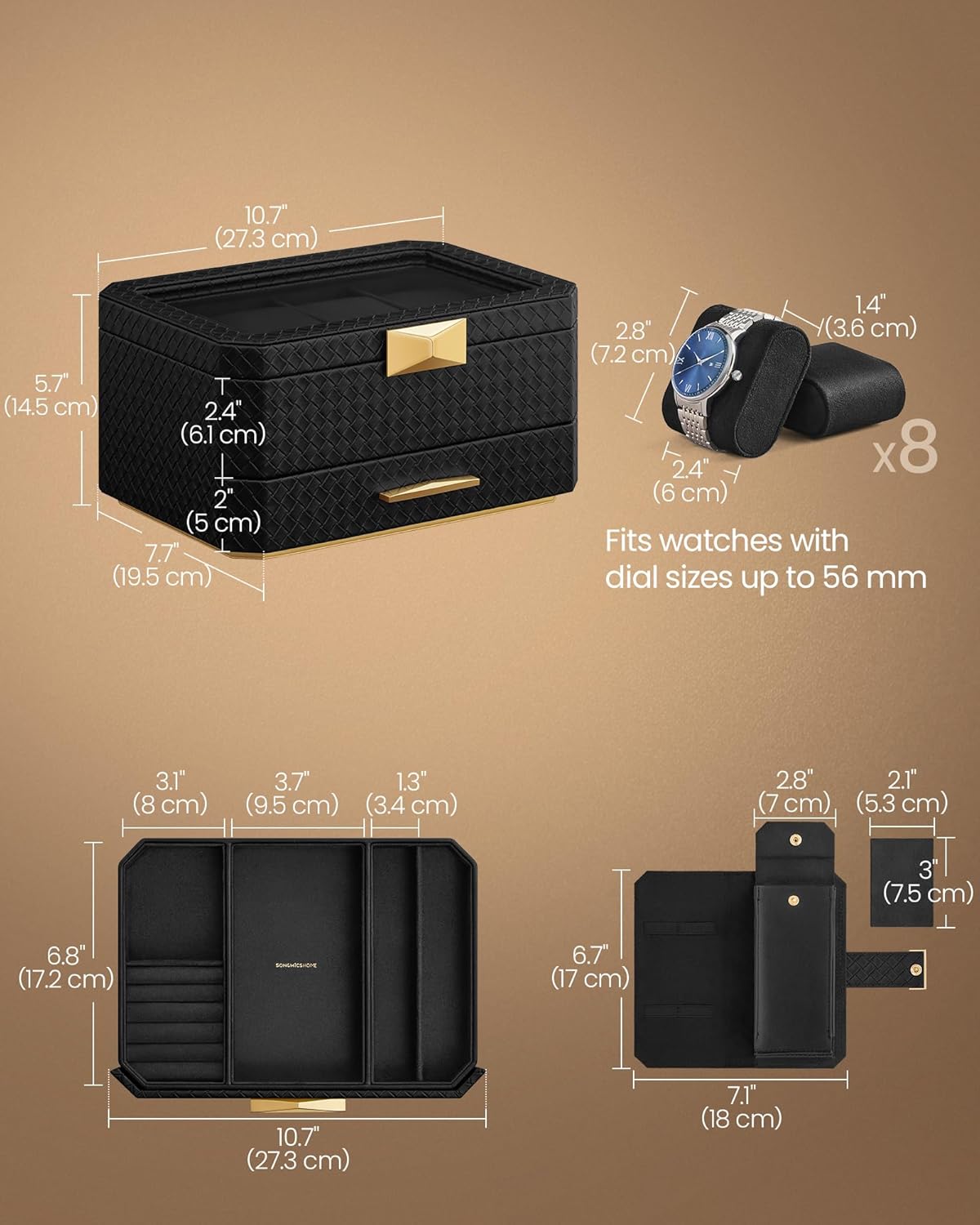 SONGMICS HOME RONNE Collection - 2-Tier Watch Box with Drawer, 8-Slot Watch Case with Travel Watch Pouch, Woven Embossed PU Leather, Floating Effect, Gift Idea, Ink Black UJWB025B01 - Image 4