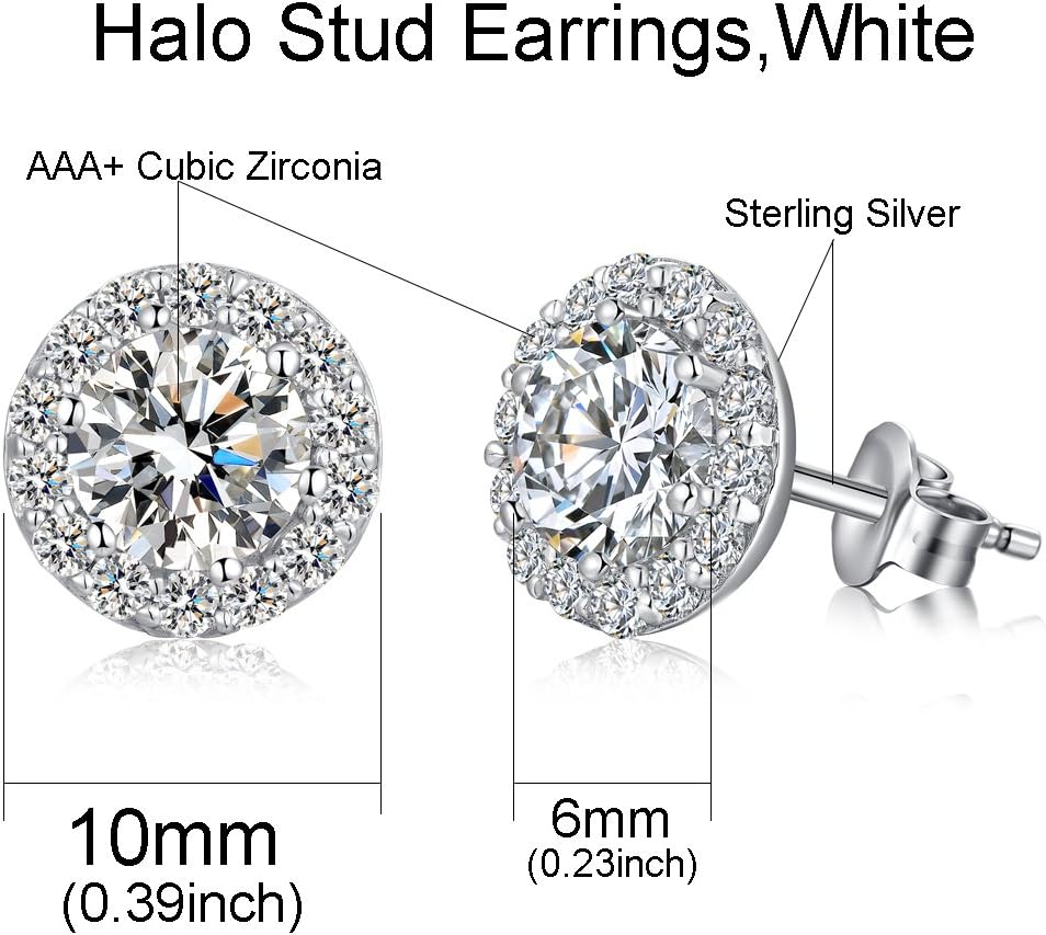 Han han 18K Platinum Plated Halo Stud Earrings, 925 Sterling Silver Round Cut Halo Earrings for Women, Hypoallergenic Cubic Zirconia Diamond Stud Earrings 10MM - Image 4