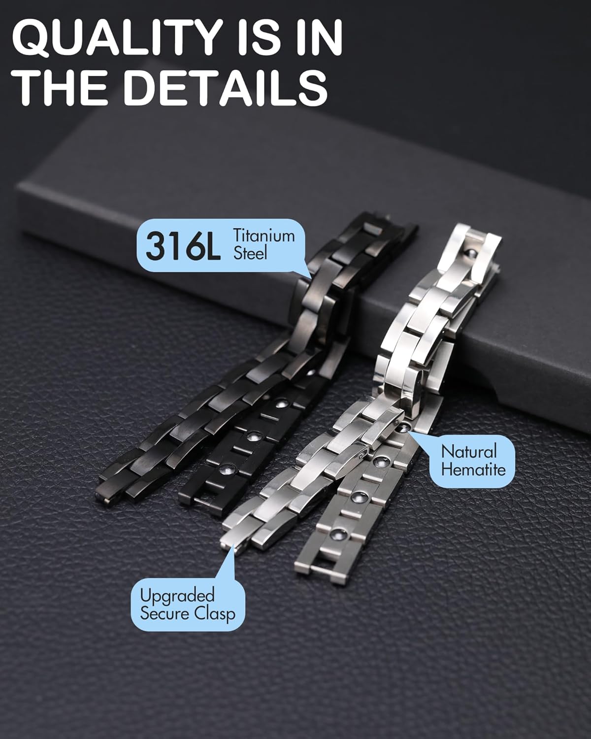 Feraco Magnetic Bracelet for Men Titanium Steel Magnetic Bracelet for Men with Double Row Magnets Adjustable - Image 3