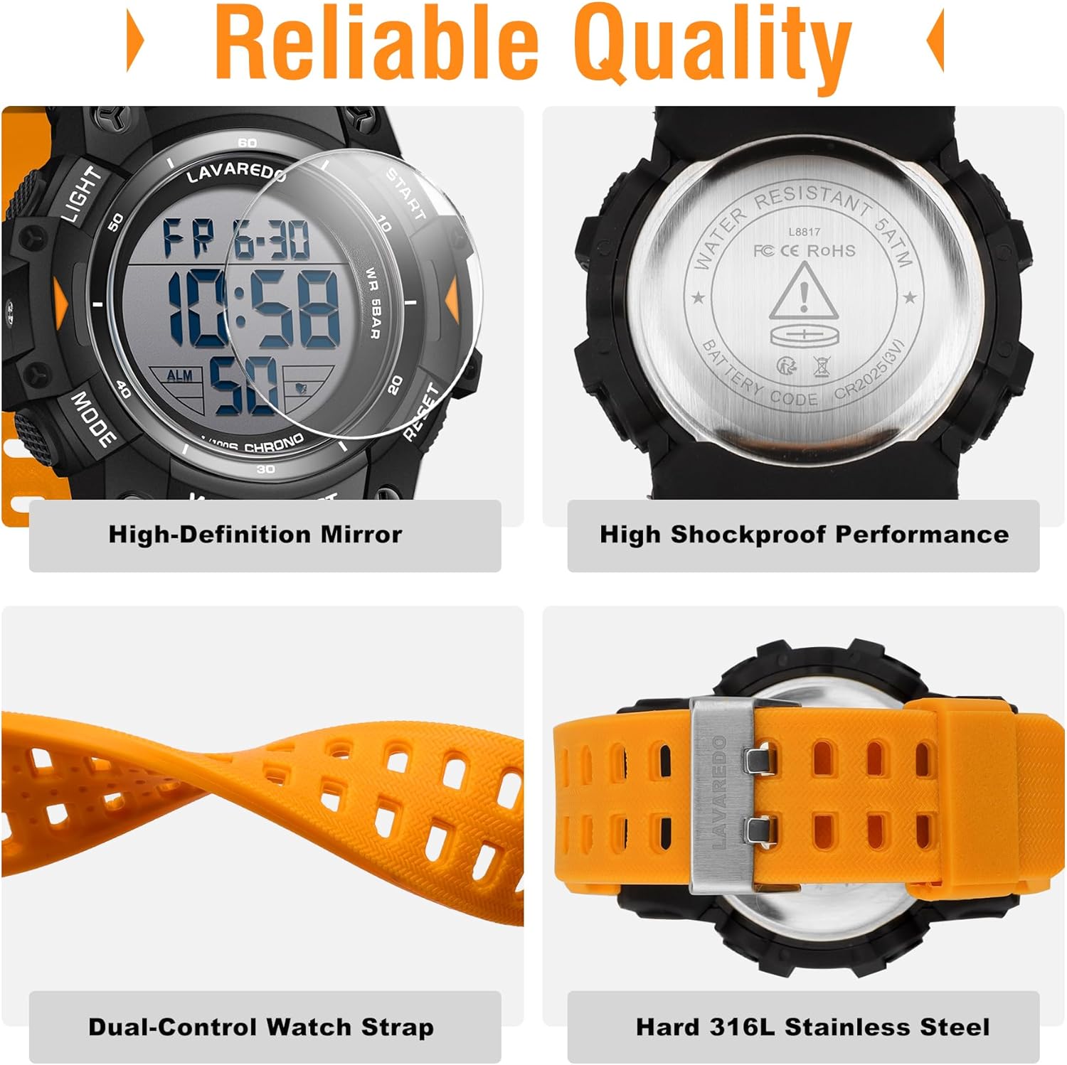 Watches for Men Digital Sport Outdoor Mens Watches 5ATM Waterproof Large Numbers Men's Watch with Resin Strap Military LED Backlight Montre Homme - Image 3