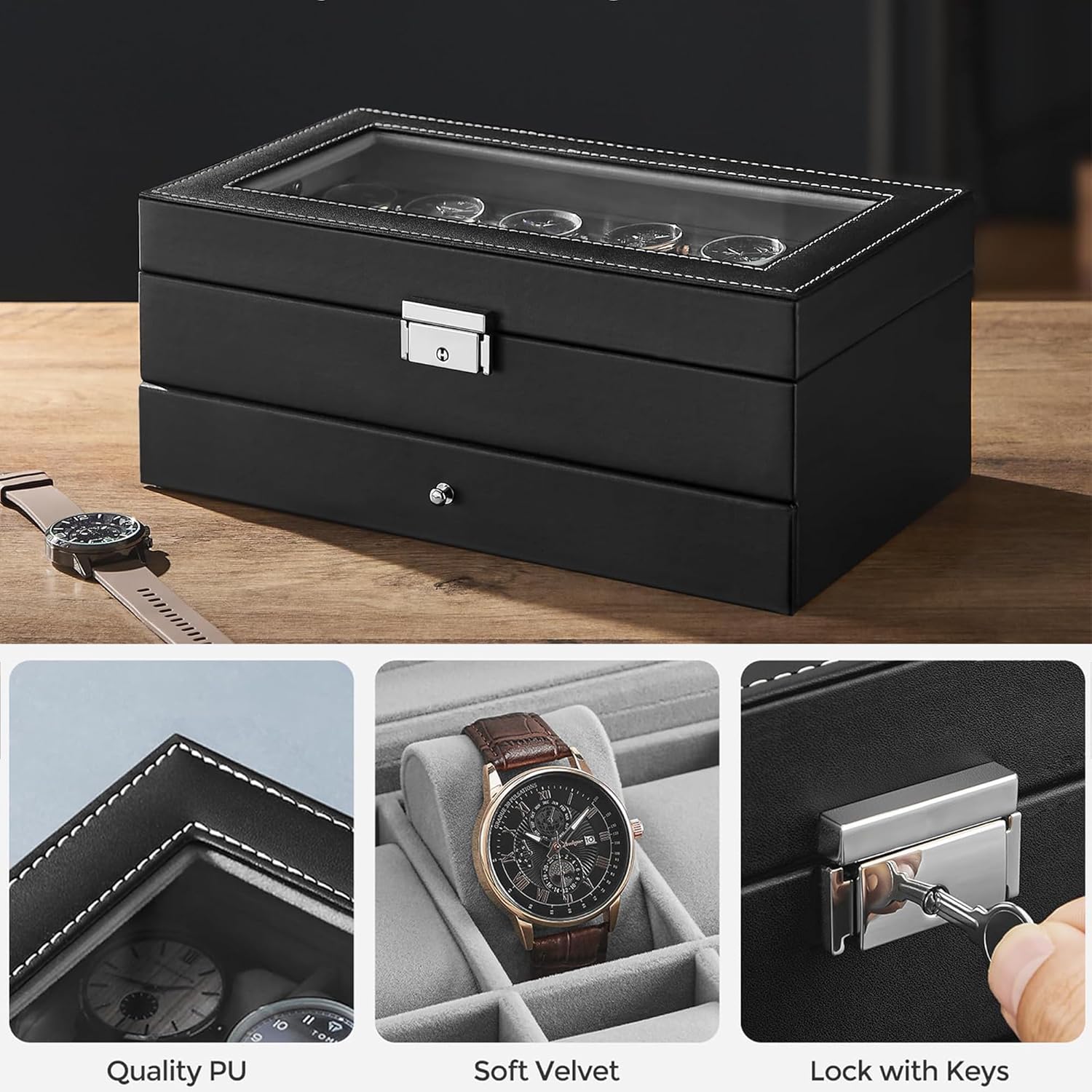 LIAN Watch Box 12-Slot Watch Box jewelry box organizer for men 2 Layers with 1 Drawer Watch Case for Rings, glasses,jewelry,Necklace Black Perfect Birthday Gifts - Image 4
