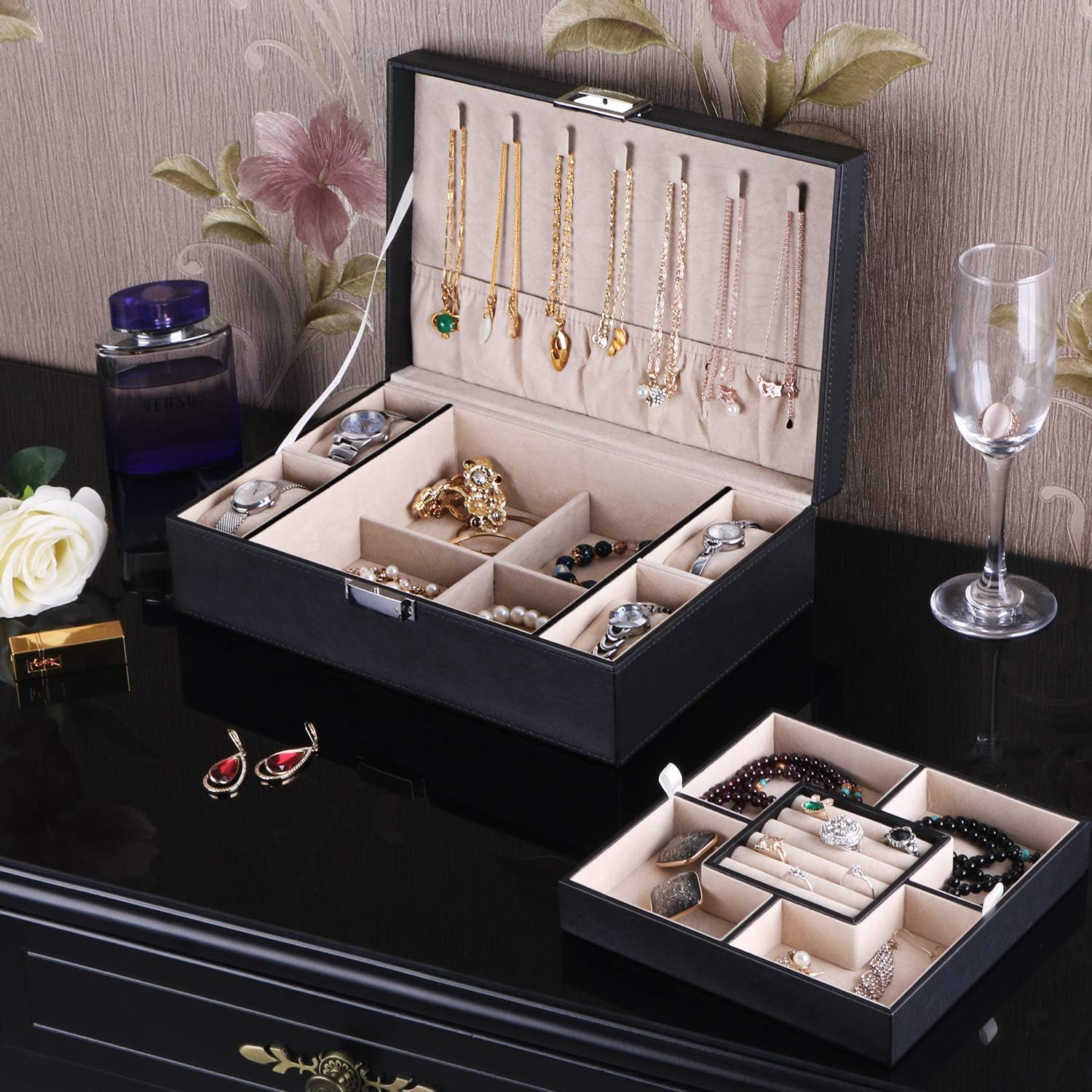BEWISHOME Jewelry Box Organizer with 4 Watch Case Removable Tray Jewelry Display Storage Case - 7 Necklace Hook - Velvet Lining - Earring Ring Bracelet Case for Women Girls - Black PU Leather SSH07B - Image 6