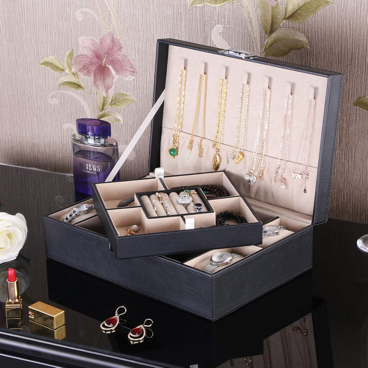 BEWISHOME Jewelry Box Organizer with 4 Watch Case Removable Tray Jewelry Display Storage Case - 7 Necklace Hook - Velvet Lining - Earring Ring Bracelet Case for Women Girls - Black PU Leather SSH07B - Image 2
