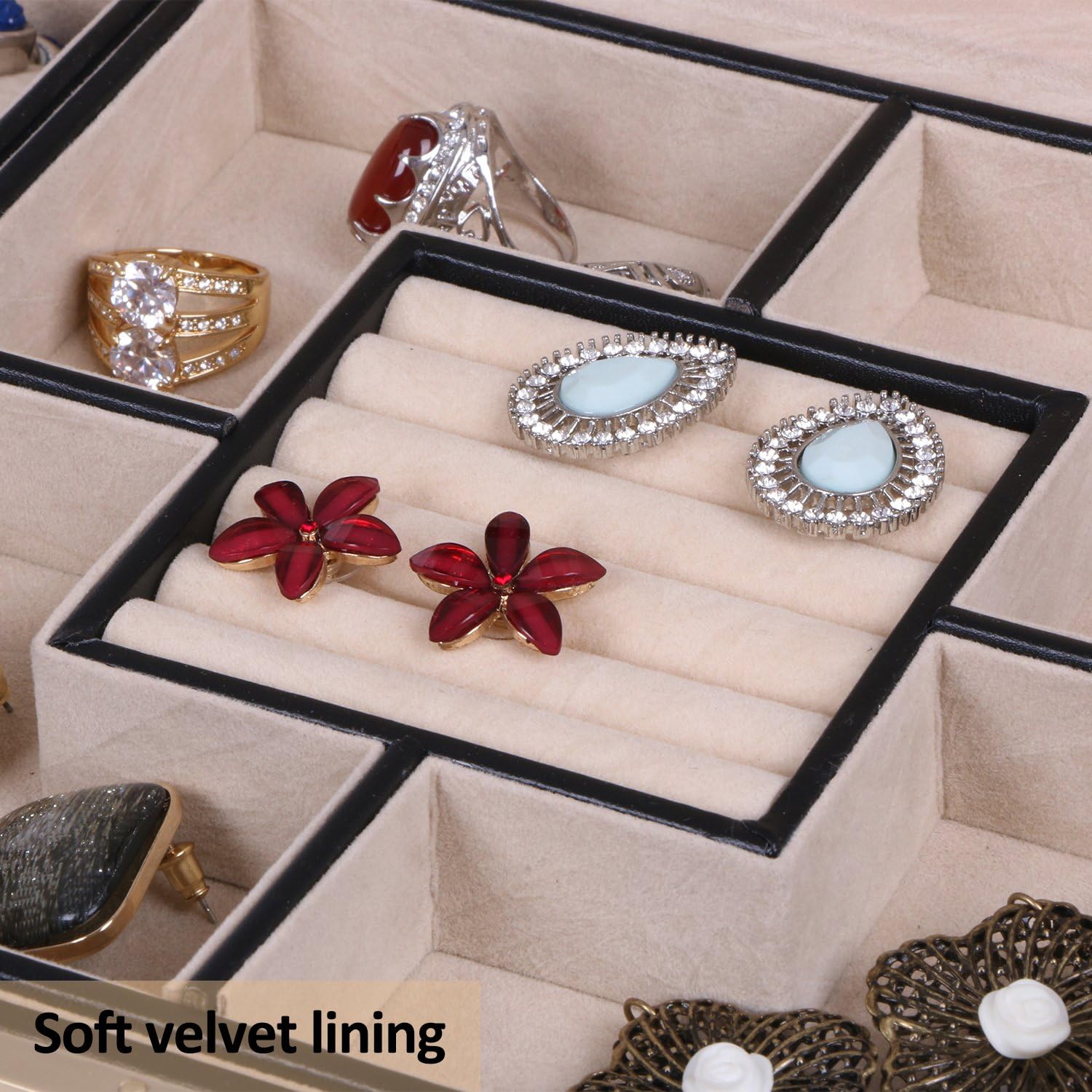 BEWISHOME Jewelry Box Organizer with 4 Watch Case Removable Tray Jewelry Display Storage Case - 7 Necklace Hook - Velvet Lining - Earring Ring Bracelet Case for Women Girls - Black PU Leather SSH07B - Image 7