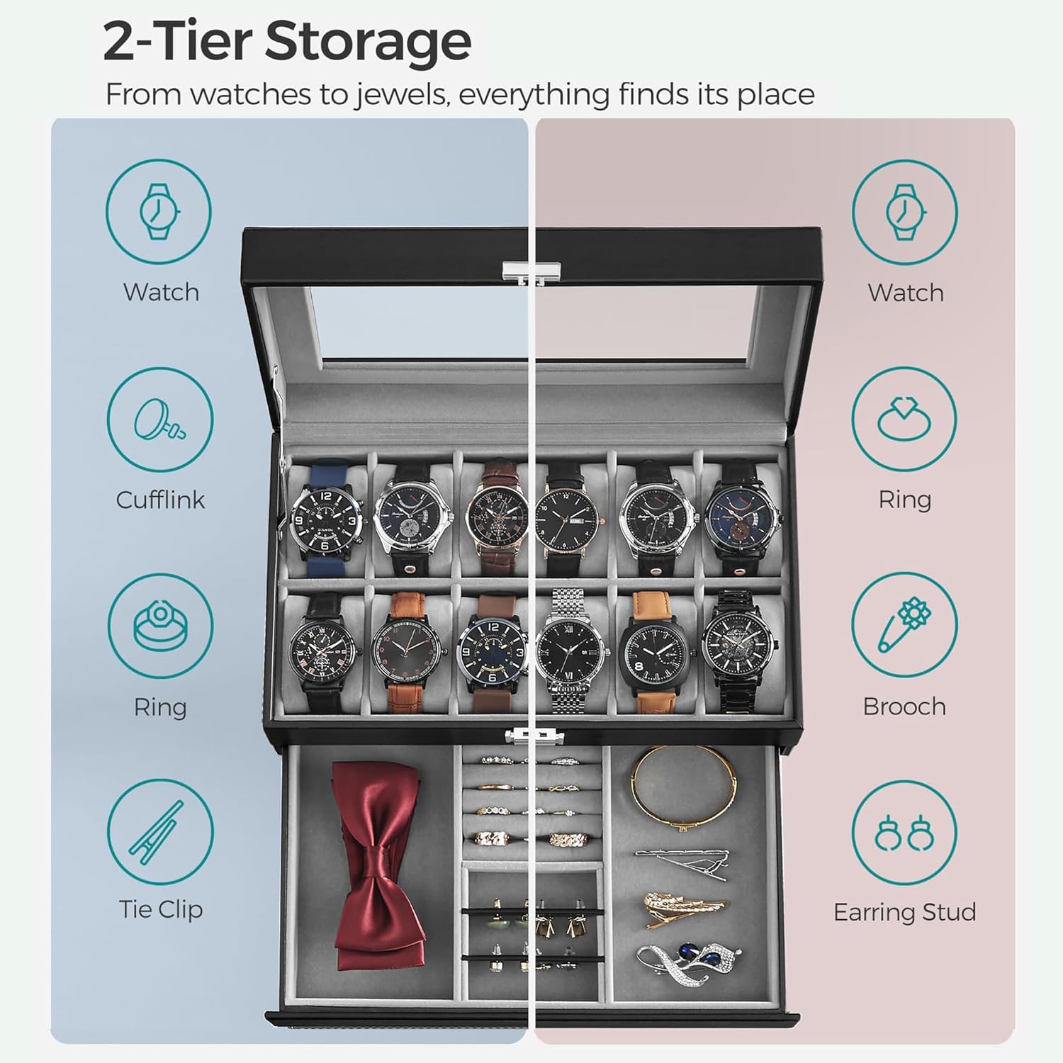 LIAN Watch Box 12-Slot Watch Box jewelry box organizer for men 2 Layers with 1 Drawer Watch Case for Rings, glasses,jewelry,Necklace Black Perfect Birthday Gifts - Image 3