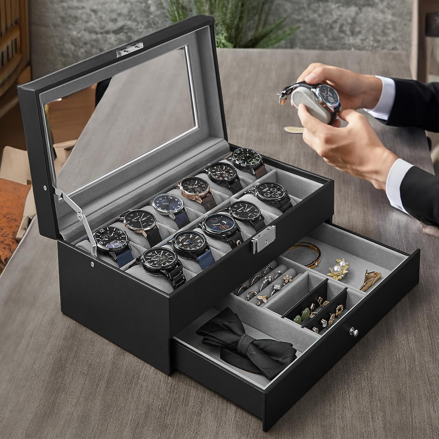 LIAN Watch Box 12-Slot Watch Box jewelry box organizer for men 2 Layers with 1 Drawer Watch Case for Rings, glasses,jewelry,Necklace Black Perfect Birthday Gifts - Image 2