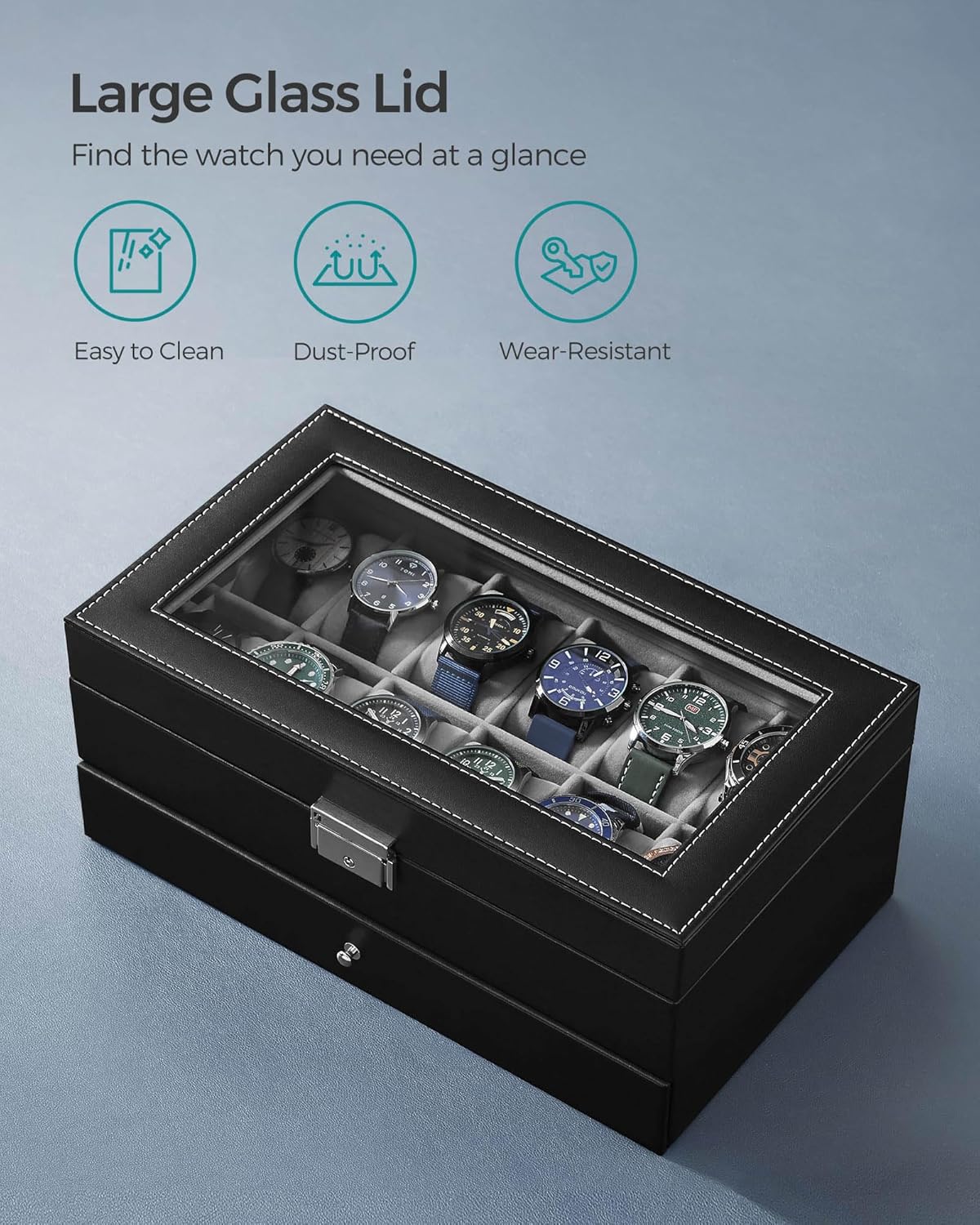 LIAN Watch Box 12-Slot Watch Box jewelry box organizer for men 2 Layers with 1 Drawer Watch Case for Rings, glasses,jewelry,Necklace Black Perfect Birthday Gifts - Image 5