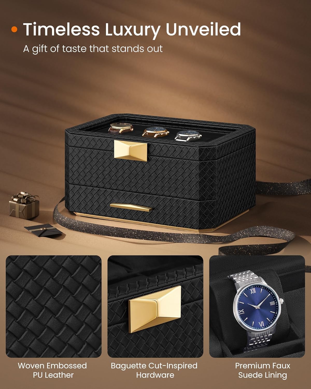SONGMICS HOME RONNE Collection - 2-Tier Watch Box with Drawer, 8-Slot Watch Case with Travel Watch Pouch, Woven Embossed PU Leather, Floating Effect, Gift Idea, Ink Black UJWB025B01 - Image 2