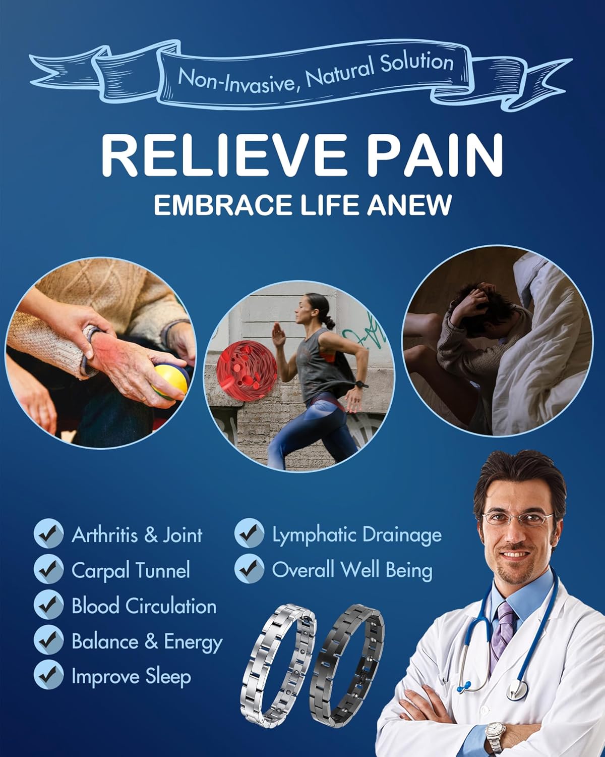 Feraco Magnetic Bracelet for Men Titanium Steel Magnetic Bracelet for Men with Double Row Magnets Adjustable - Image 2