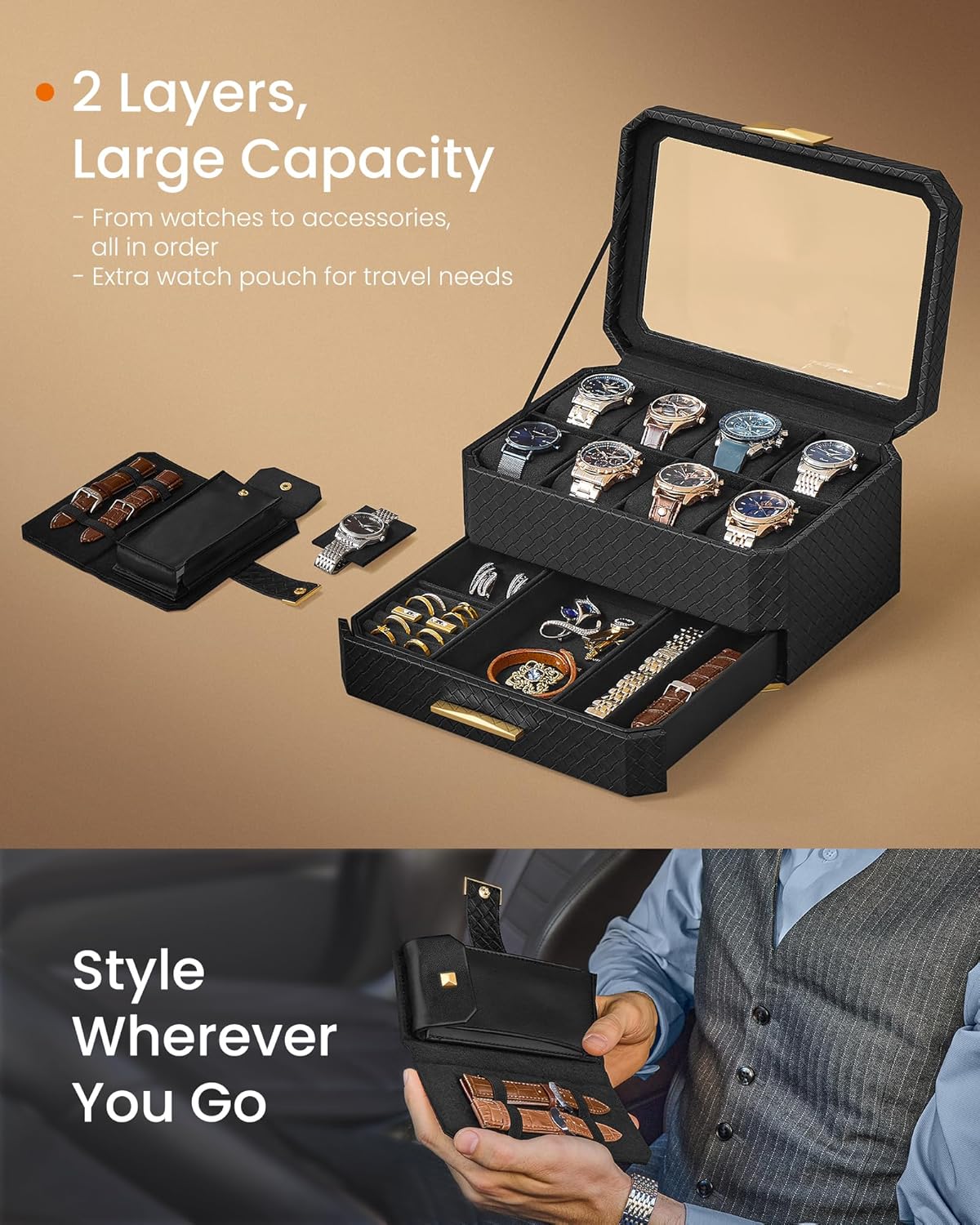 SONGMICS HOME RONNE Collection - 2-Tier Watch Box with Drawer, 8-Slot Watch Case with Travel Watch Pouch, Woven Embossed PU Leather, Floating Effect, Gift Idea, Ink Black UJWB025B01 - Image 3