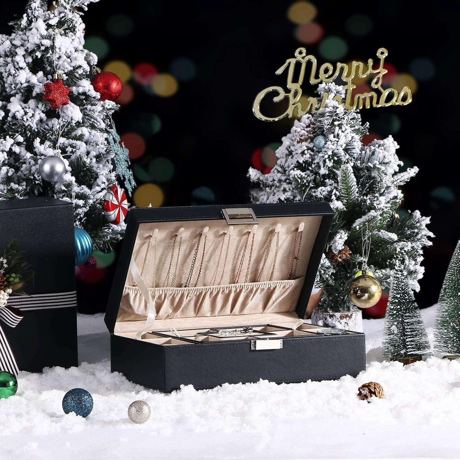 BEWISHOME Jewelry Box Organizer with 4 Watch Case Removable Tray Jewelry Display Storage Case - 7 Necklace Hook - Velvet Lining - Earring Ring Bracelet Case for Women Girls - Black PU Leather SSH07B - Image 3